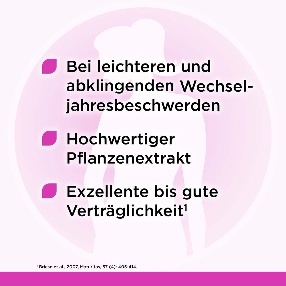 Infografik mit Text: Bei leichteren Wechseljahresbeschwerden, hochwertiger Pflanzenextrakt, exzellente Verträglichkeit.