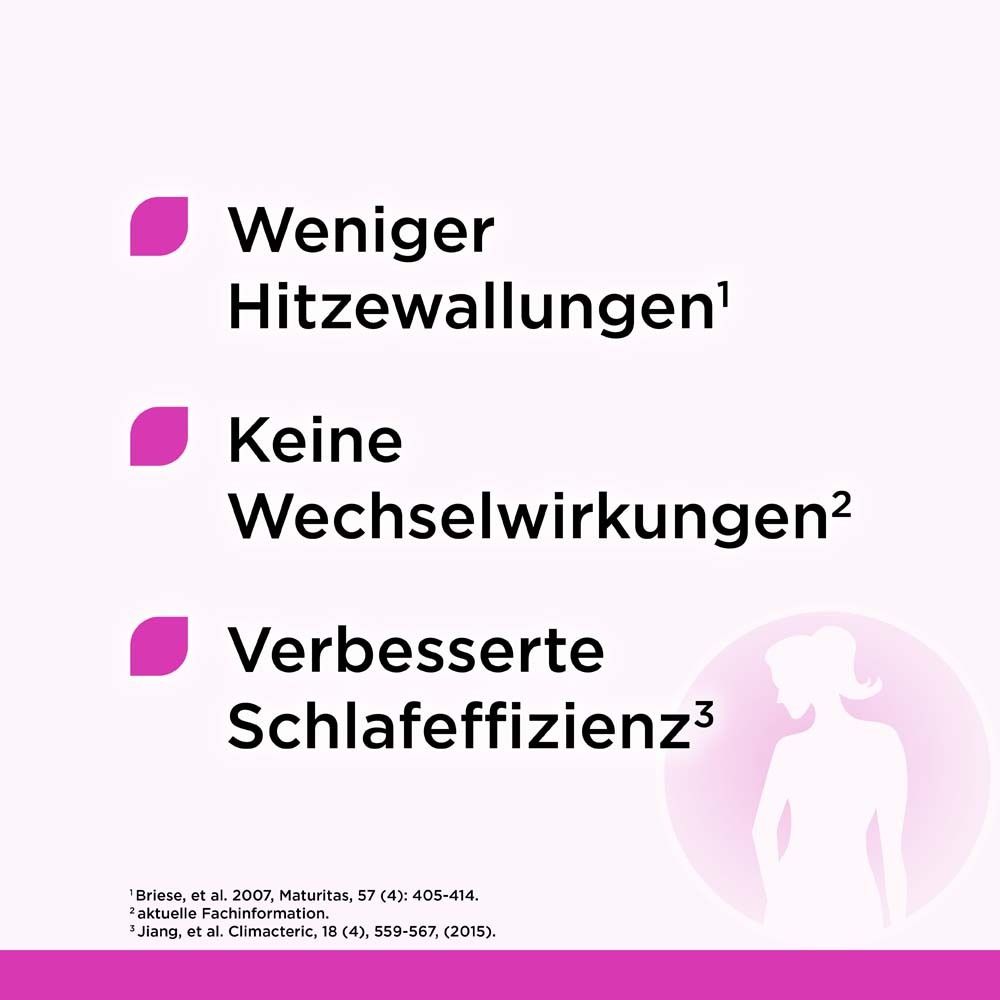 Infografik mit Text: Weniger Hitzewallungen, keine Wechselwirkungen, verbesserte Schlafeffizienz.