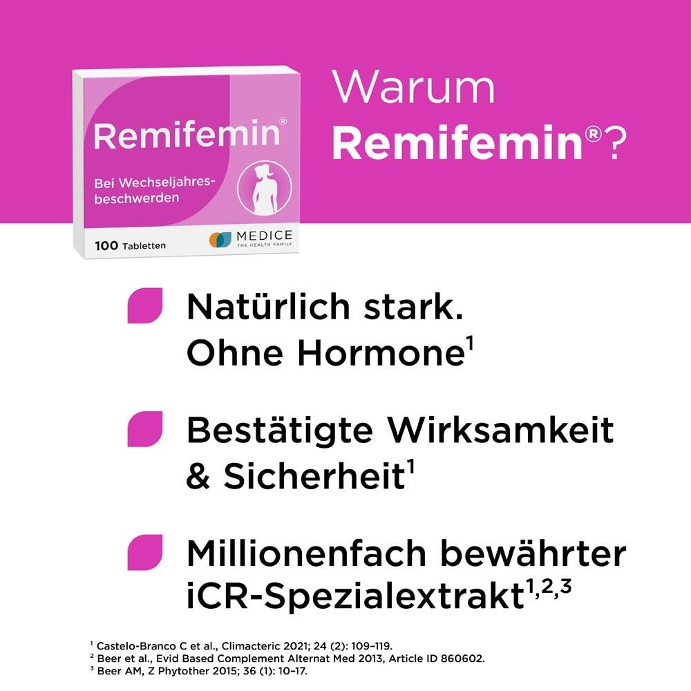 Infografik mit Remifemin®-Packung. Text: Natürlich stark. Ohne Hormone. Bestätigte Wirksamkeit & Sicherheit.