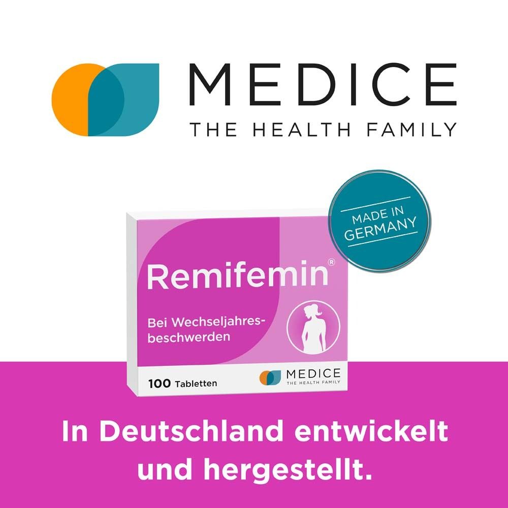 Box Remifemin® Tabletten. Logo MEDICE. Text: In Deutschland entwickelt und hergestellt. Made in Germany.
