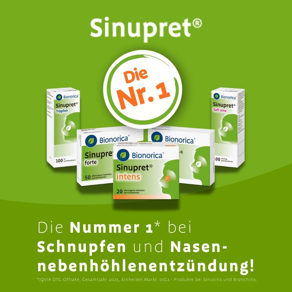 Werbebild mit verschiedenen Sinupret® Produkten. Text: Die Nr. 1 bei Schnupfen und Nasennebenhöhlenentzündung!