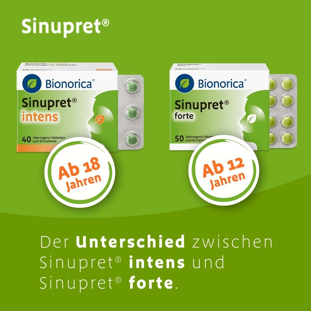 Vergleich von Sinupret® intens und forte. Text: Ab 18 Jahren, ab 12 Jahren. Der Unterschied.