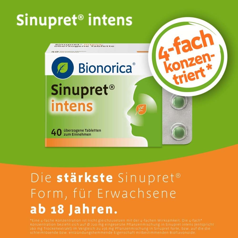 Sinupret® intens Packung und Blister. Grünliche Tabletten. Text: 4-fach konzentriert, ab 18 Jahren.