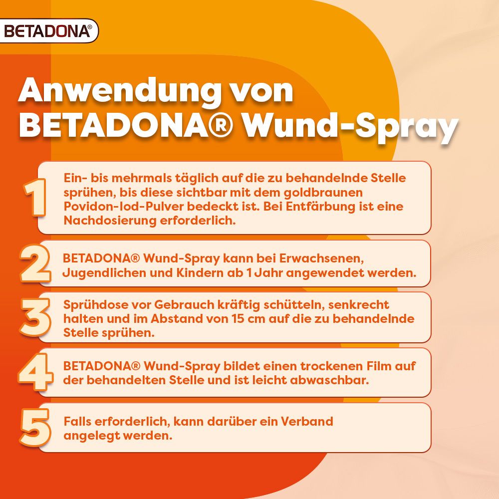 Anwendung von Betadona Wund-Spray. Text auf orangefarbenem Hintergrund. 5 nummerierte Punkte.
