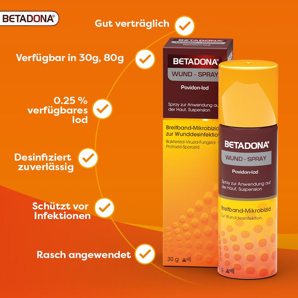 Betadona Wund-Spray und Verpackung. Text auf orangefarbenem Hintergrund. Produktabbildung.