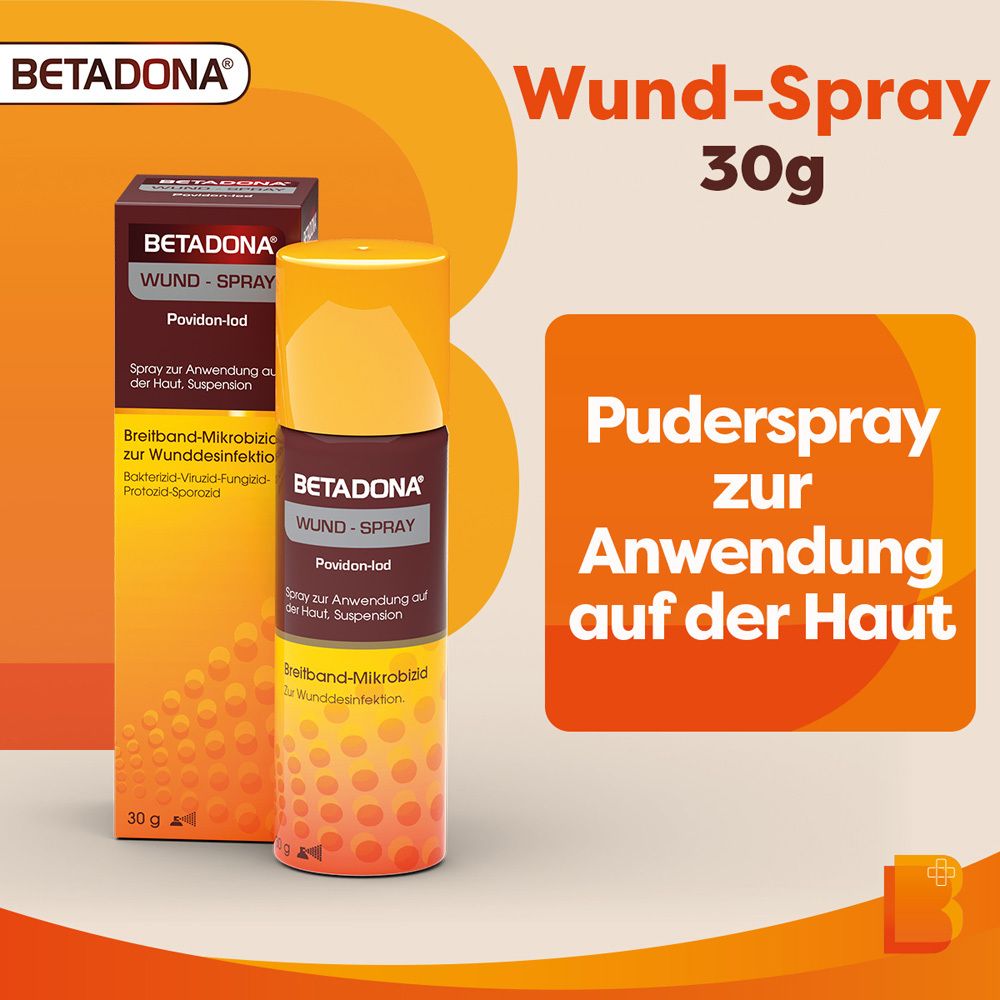 Betadona Wund-Spray und Verpackung. Text auf orangefarbenem Hintergrund. Produktabbildung.