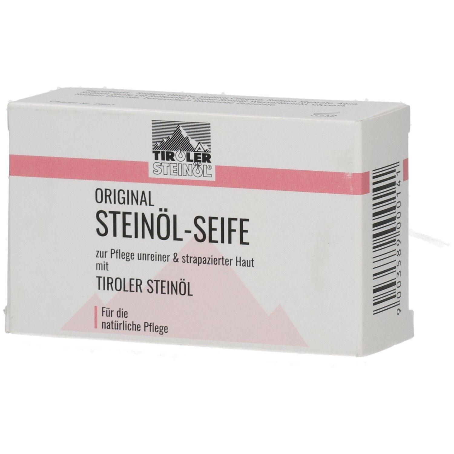 Weiße Kartonverpackung mit rosa Streifen. Aufschrift: ORIGINAL STEINÖL-SEIFE, TIROLER STEINÖL. Barcode.