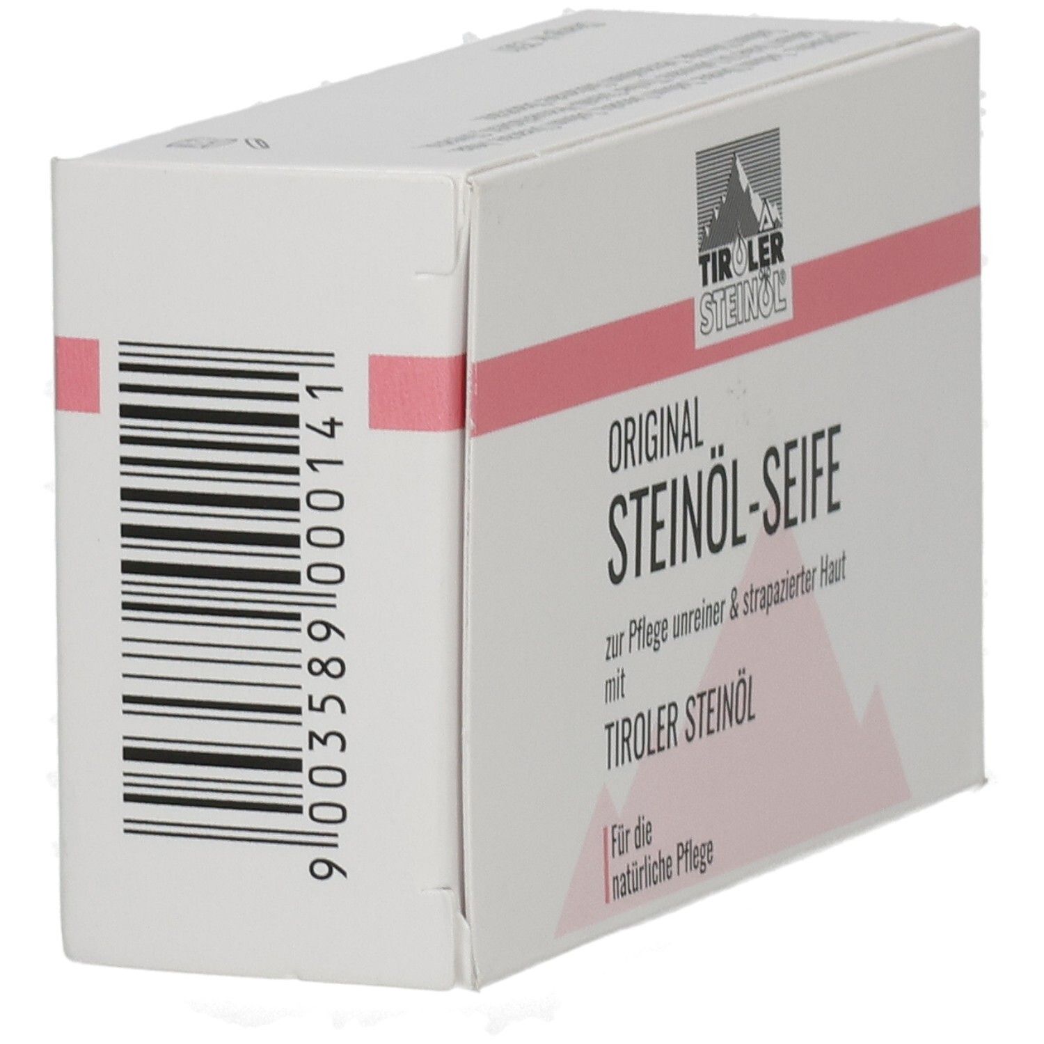 Kartonverpackung, weiß mit rosa Streifen. Aufschrift: ORIGINAL STEINÖL-SEIFE, TIROLER STEINÖL. Barcode.