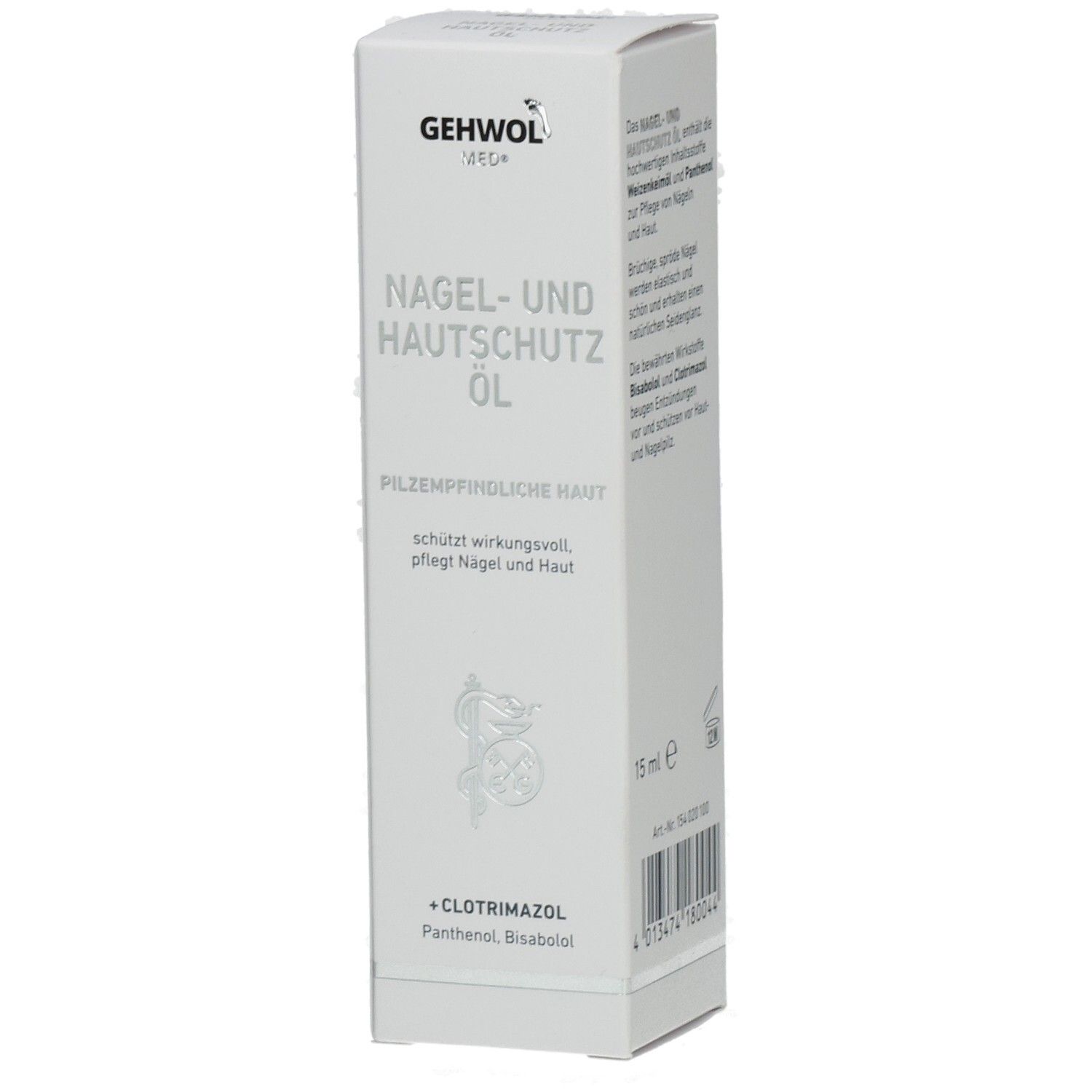 Weiße Schachtel. Oben steht GEHWOL. Darunter: Nagel- und Hautschutz Öl. Für pilzempfindliche Haut. Enthält Clotrimazol, Panthenol, Bisabolol.