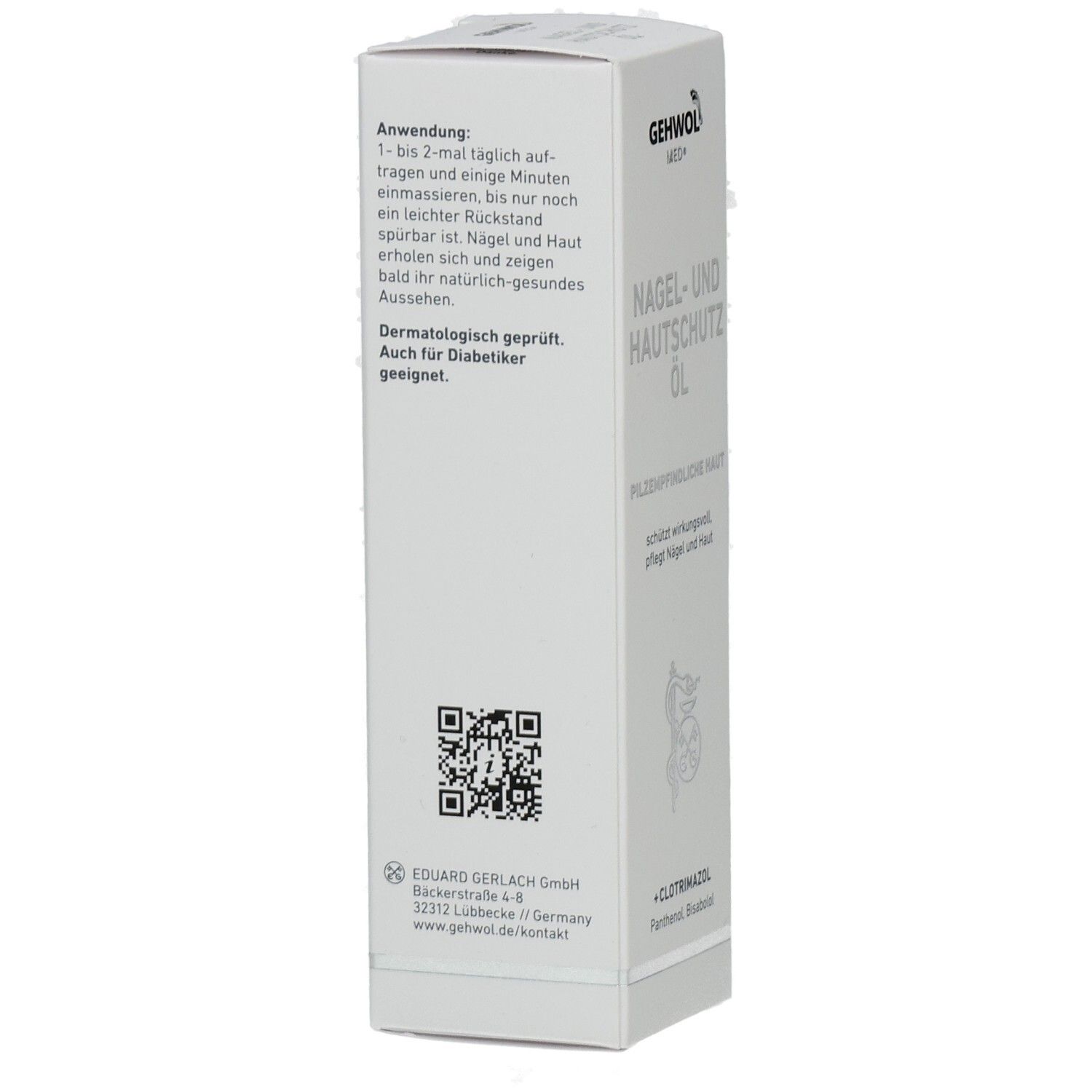 Weiße Schachtel, Rückseite. Text: Anwendung. QR-Code. EDUARD GERLACH GmbH. Text: Nagel- und Hautschutz Öl. Für pilzempfindliche Haut. Enthält Clotrimazol.