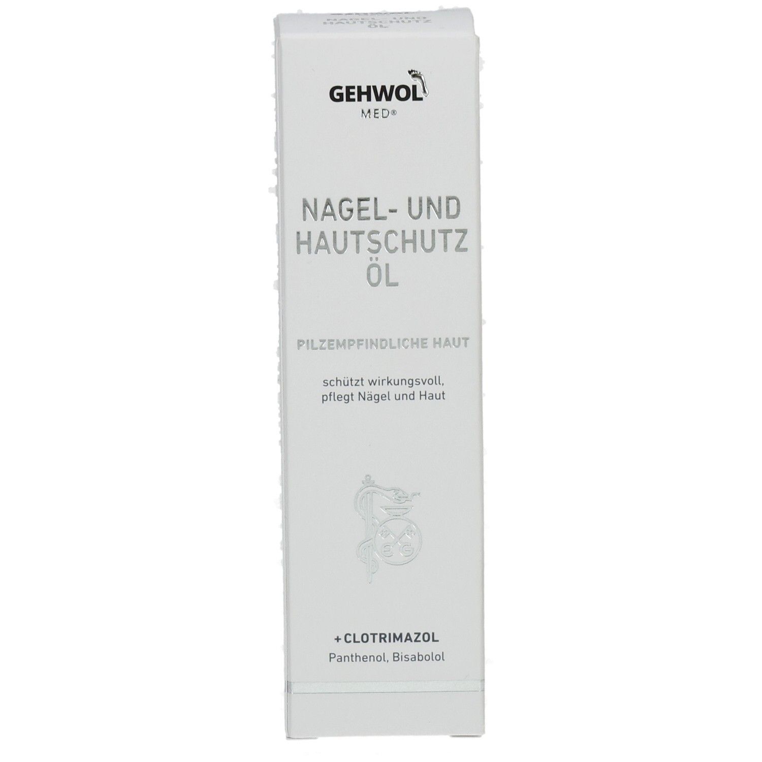 Weiße Schachtel. Oben steht GEHWOL MED. Darunter: Nagel- und Hautschutz Öl. Für pilzempfindliche Haut. Enthält Clotrimazol, Panthenol, Bisabolol.