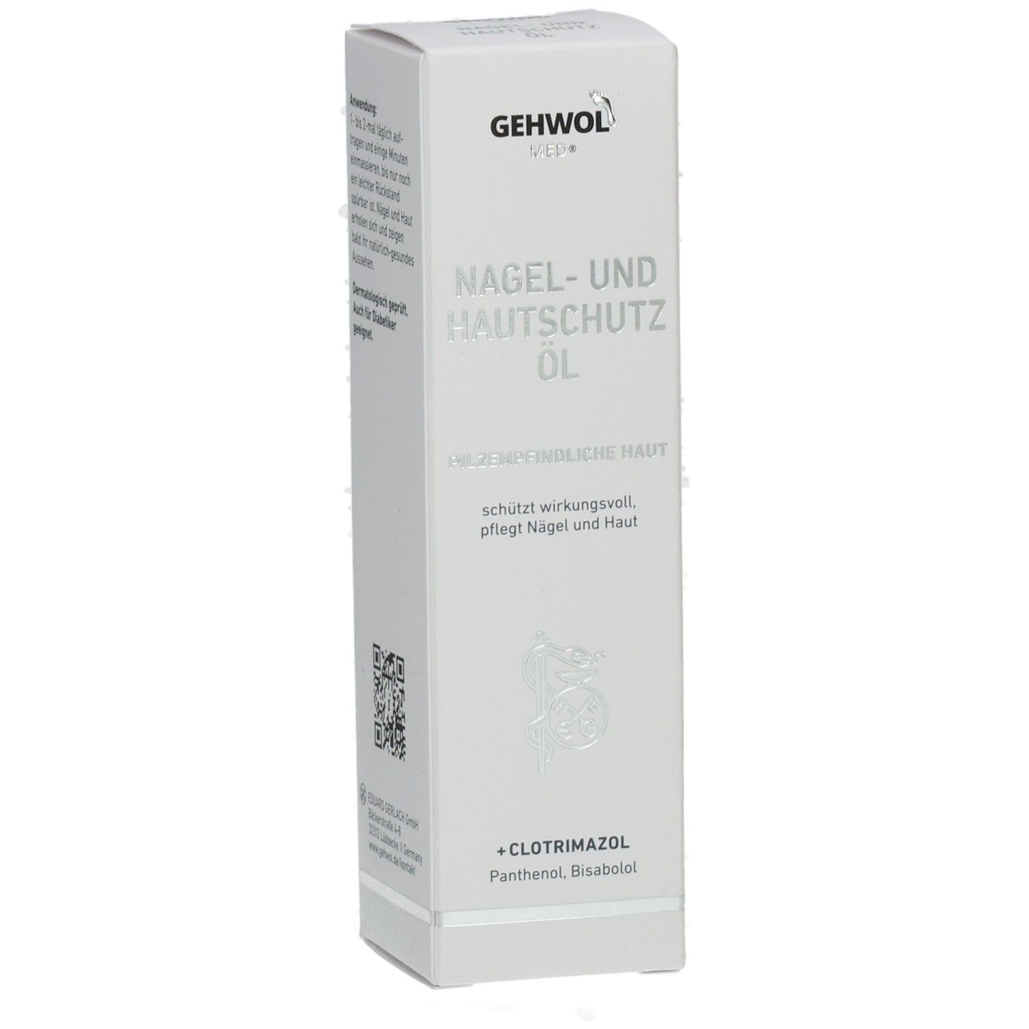 Weiße Schachtel. Oben steht GEHWOL. Darunter: Nagel- und Hautschutz Öl. Für empfindliche Haut. Enthält Clotrimazol, Panthenol, Bisabolol.