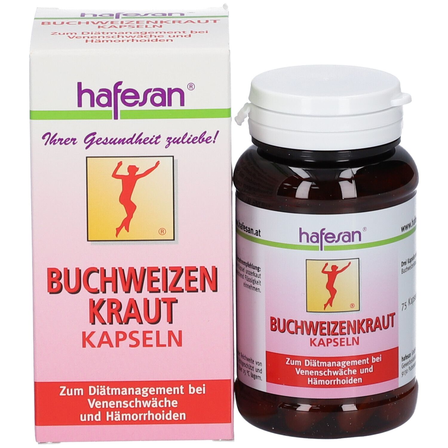 Braune Kapsel-Dose und Schachtel. Aufschrift: hafesan, BUCHWEIZENKRAUT KAPSELN. Für Venenschwäche und Hämorrhoiden. Logo.