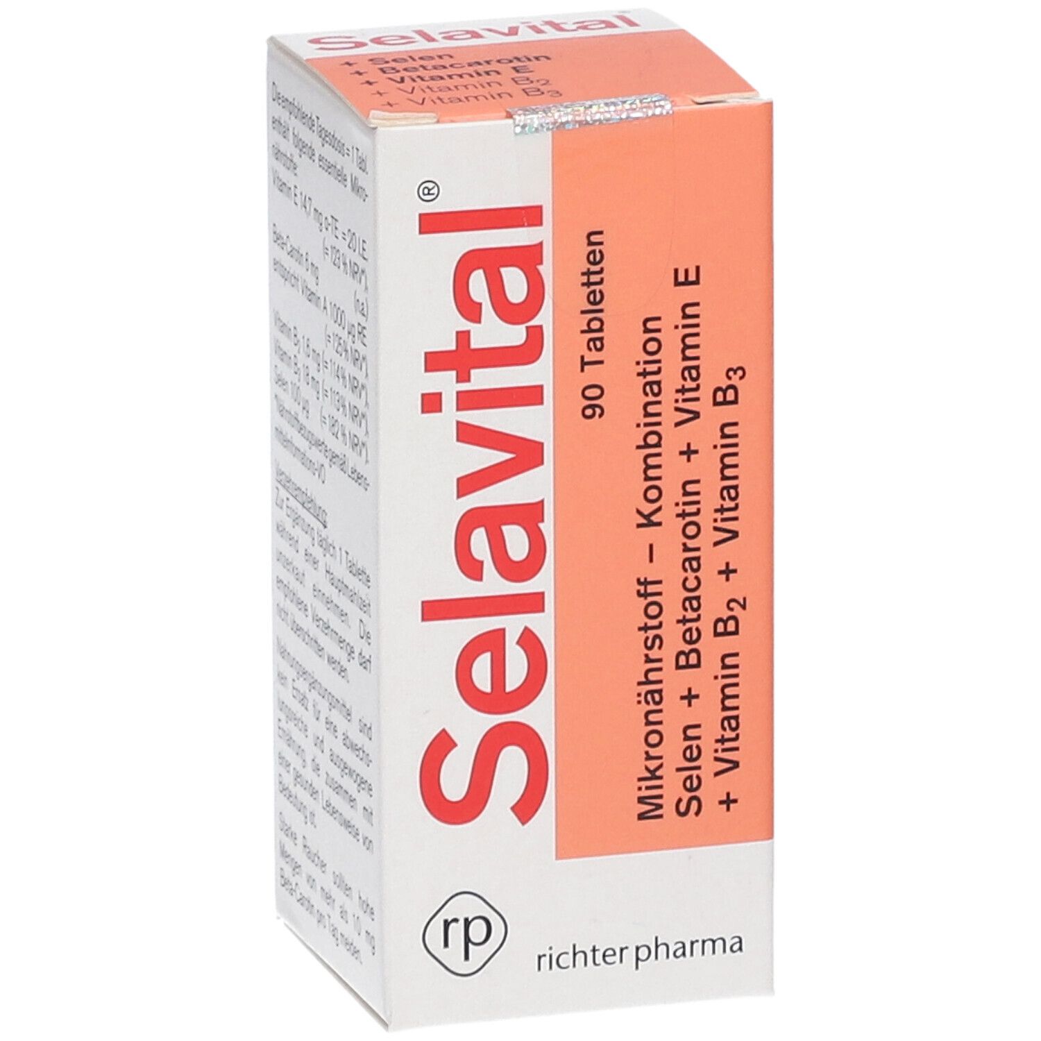 Schachtel Selavital, 90 Tabletten. Orangefarbener Streifen mit Produktinformationen. Enthält Selen, Betacarotin, Vitamin E, B2 und B3.