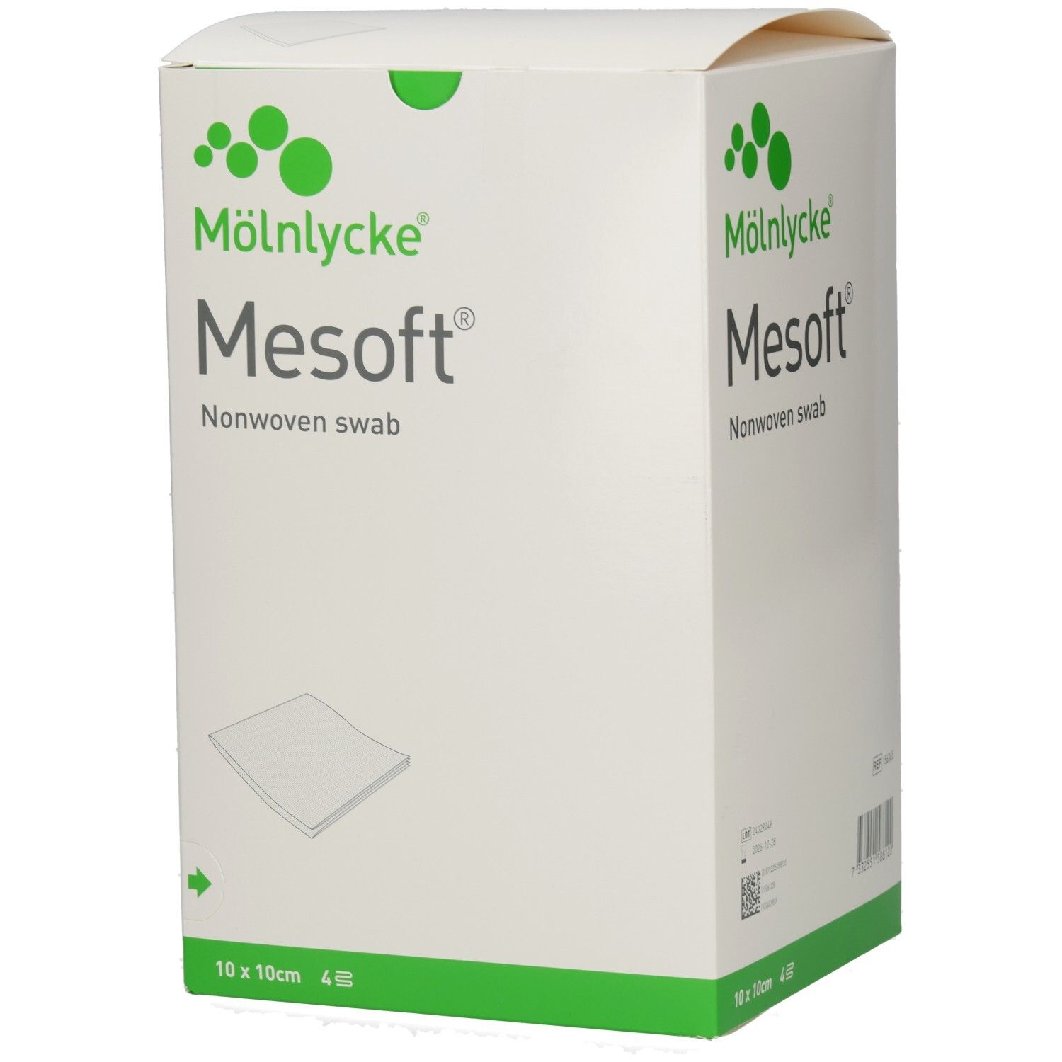 Mesoft®-Verpackung. Marke Mölnlycke. Vliesstoff-Kompressen, 10x10cm. 4 Stück. Weißer Karton mit grünen Akzenten.