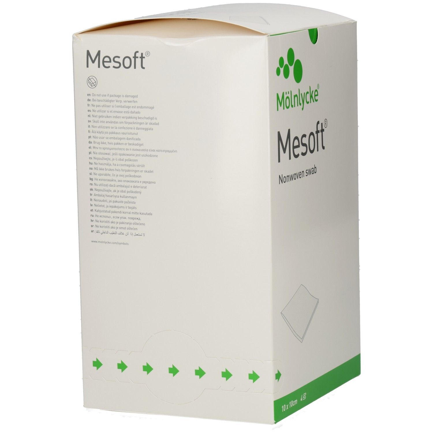 Mesoft®-Verpackung. Marke Mölnlycke. Vliesstoff-Kompressen. Weißer Karton mit grünen Pfeilen und Text.