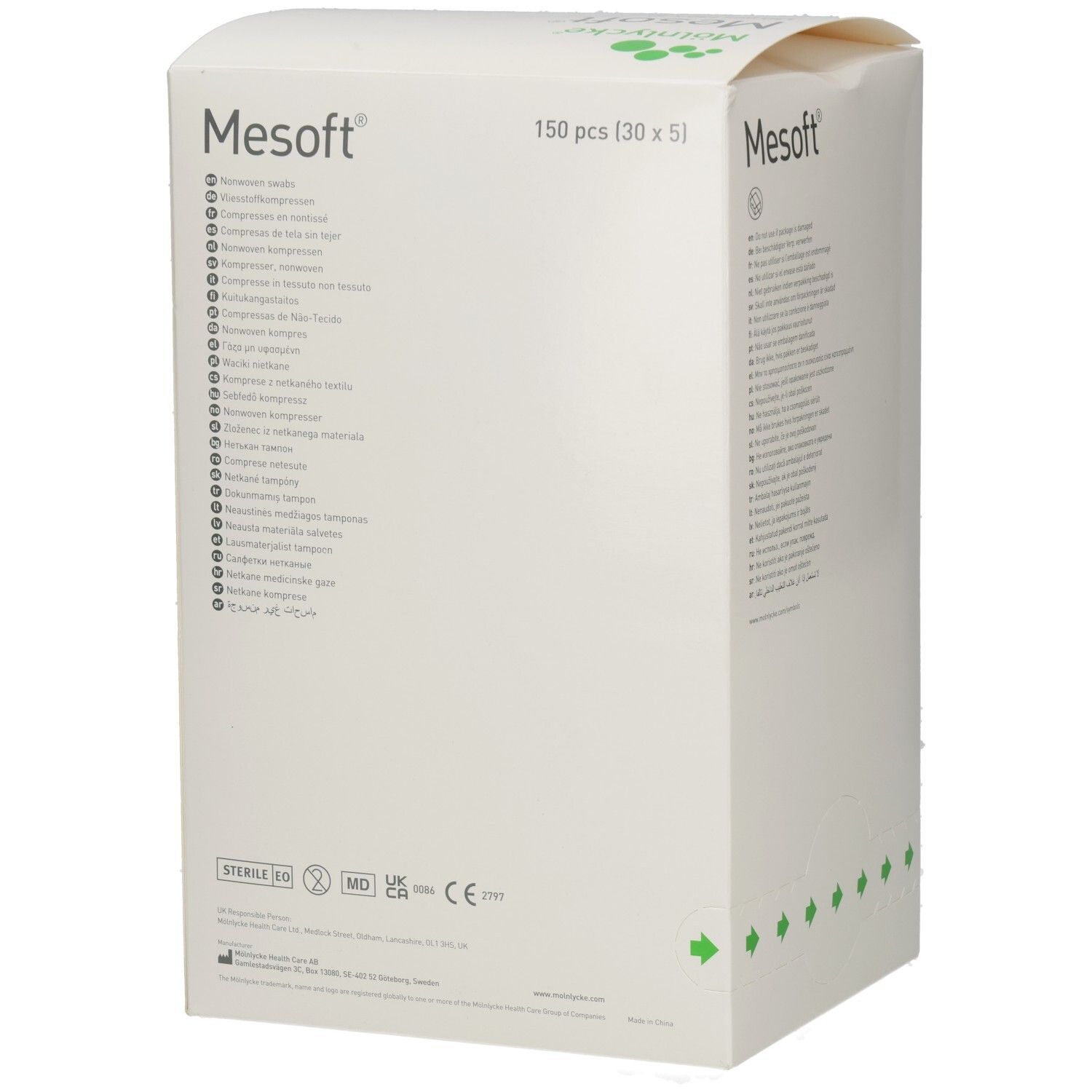 Mesoft®-Verpackung. Marke Mölnlycke. 150 Stück. Vliesstoff-Kompressen. Weißer Karton mit Text und grünen Pfeilen.