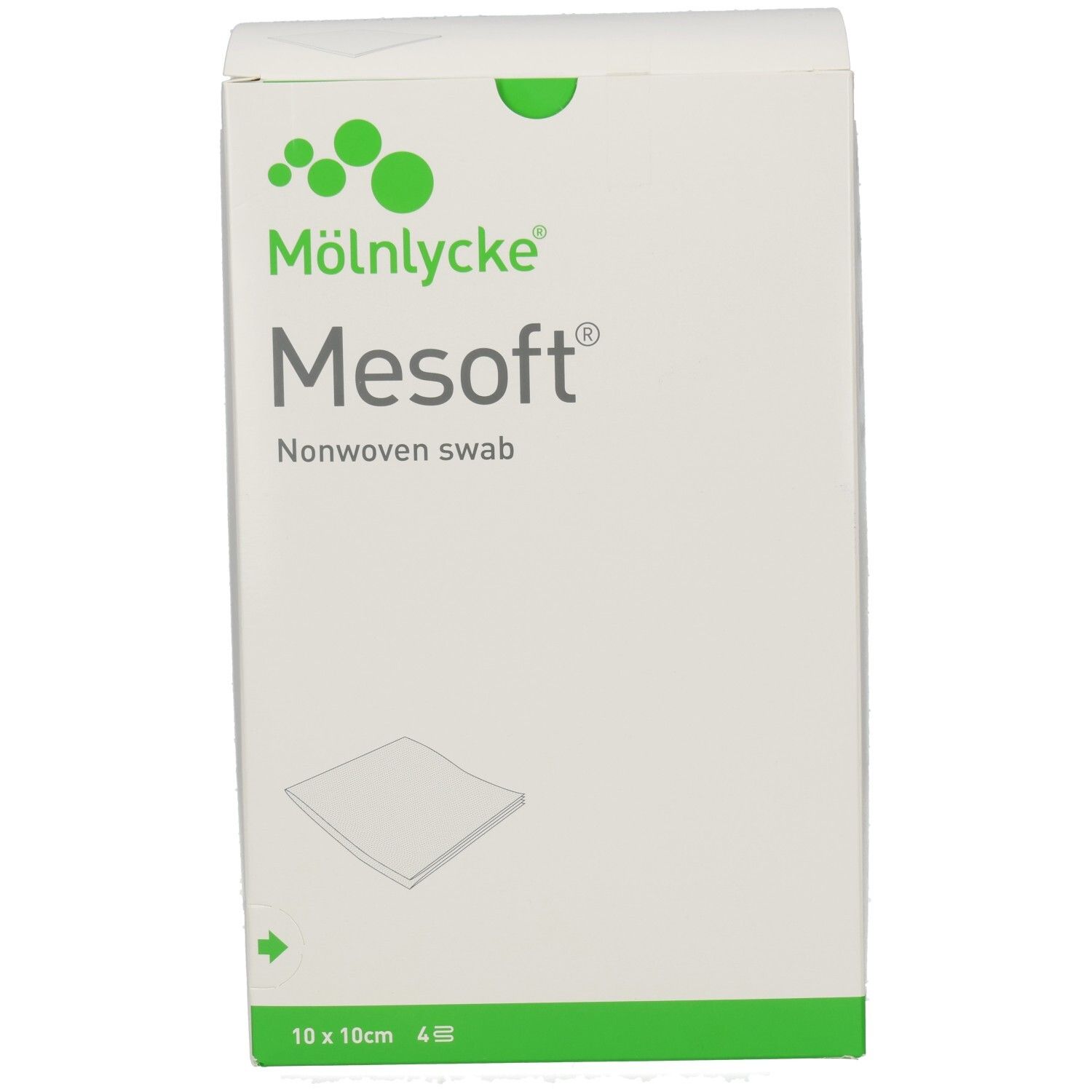 Mesoft®-Verpackung. Marke Mölnlycke. Vliesstoff-Kompressen, 10x10cm. 4 Stück. Weißer Karton mit grünen Akzenten.