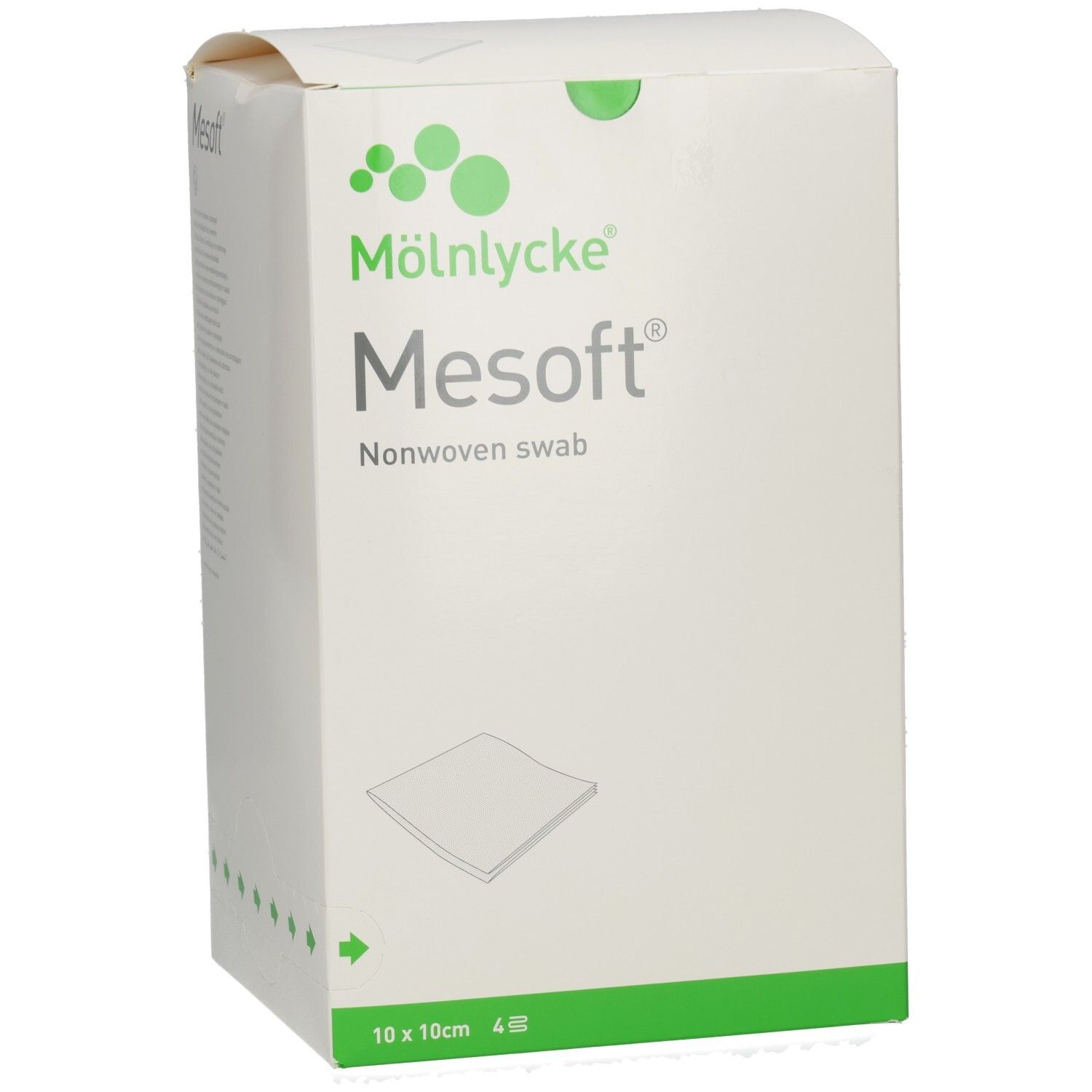 Mesoft®-Verpackung. Marke Mölnlycke. Vliesstoff-Kompressen, 10x10cm. 4 Stück. Weißer Karton mit grünen Akzenten.