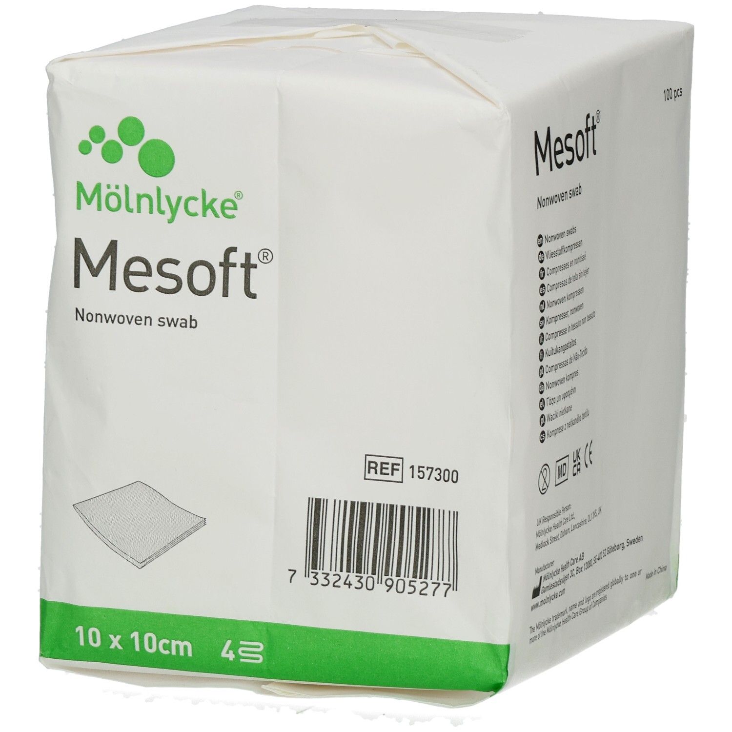 Verpackung mit Mesoft® Kompressen. 10cm x 10cm, steril. Hersteller: Mölnlycke. 100 Stück.