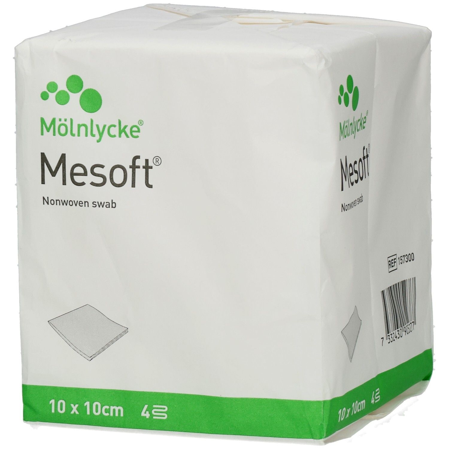 Verpackung mit Mesoft® Kompressen. 10cm x 10cm, steril. Hersteller: Mölnlycke.