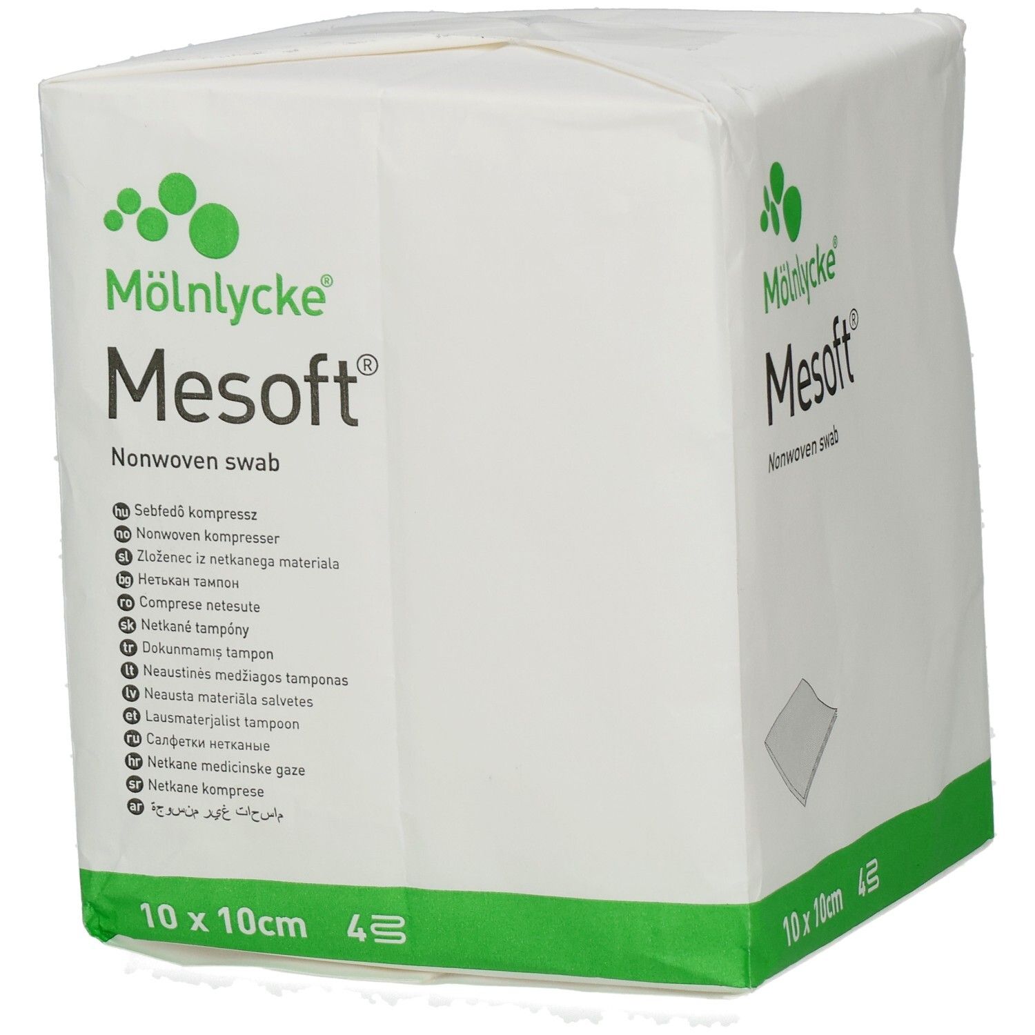 Verpackung mit Mesoft® Kompressen. 10cm x 10cm, steril. Hersteller: Mölnlycke.