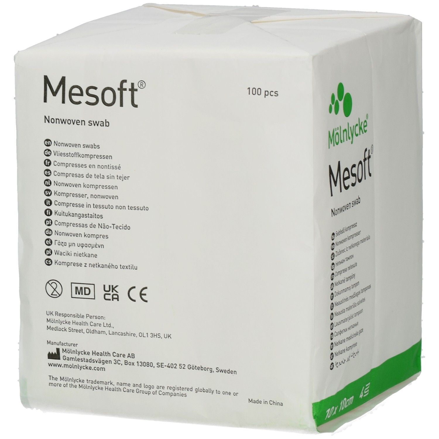 Verpackung mit Mesoft® Kompressen. 10cm x 10cm, steril. Hersteller: Mölnlycke. CE-Kennzeichnung.