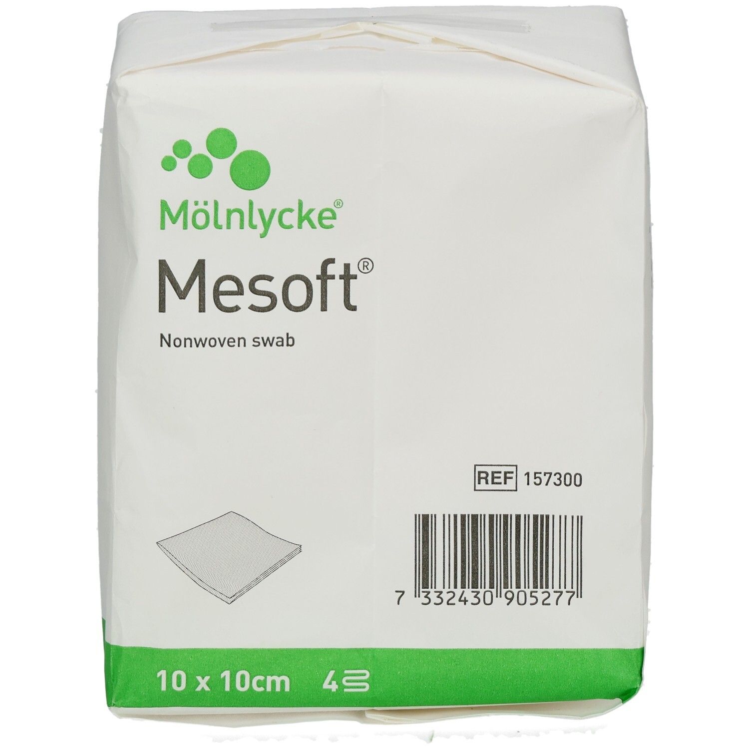 Verpackung mit Mesoft® Kompressen. 10cm x 10cm, steril. Hersteller: Mölnlycke.