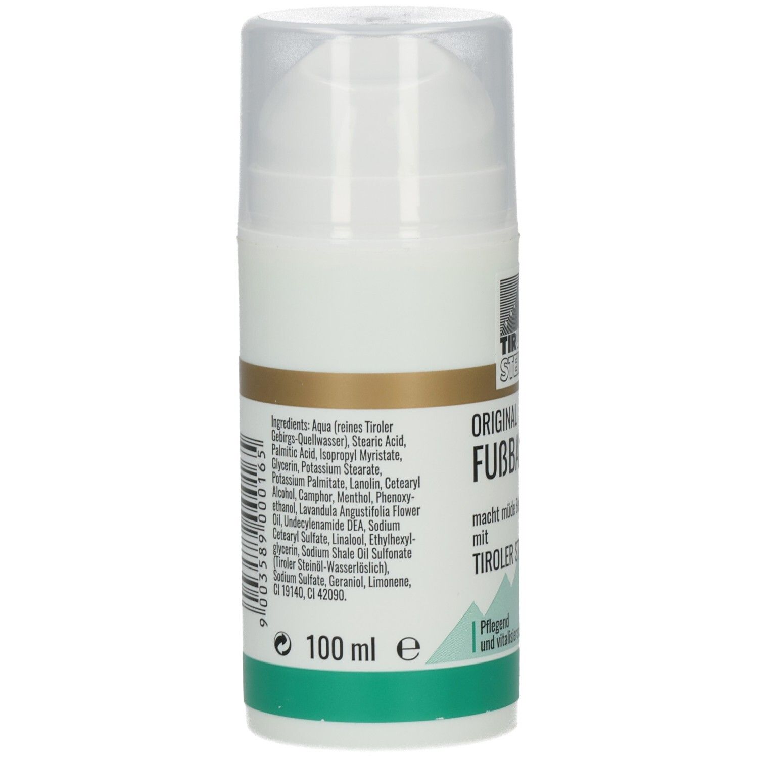 Rückseite der Flasche. Aufgedruckte Inhaltsstoffe und Text. Unten: 100 ml. Grün-weißer Streifen am unteren Rand. Barcode und Chargennummer.