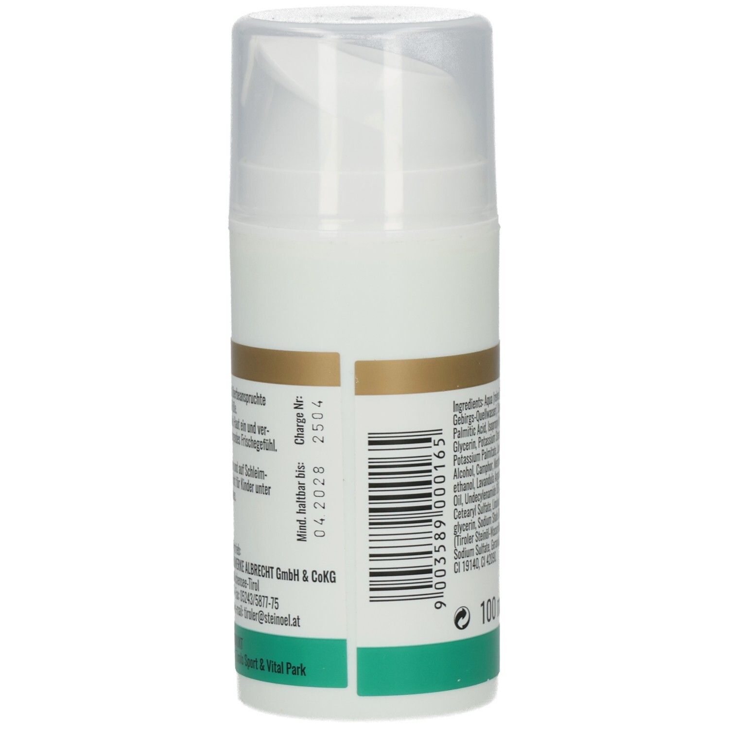 Rückseite der Flasche. Text und Chargennummer. Mindesthaltbarkeit bis 04/2028. Grün-weißer Streifen am unteren Rand. Barcode.