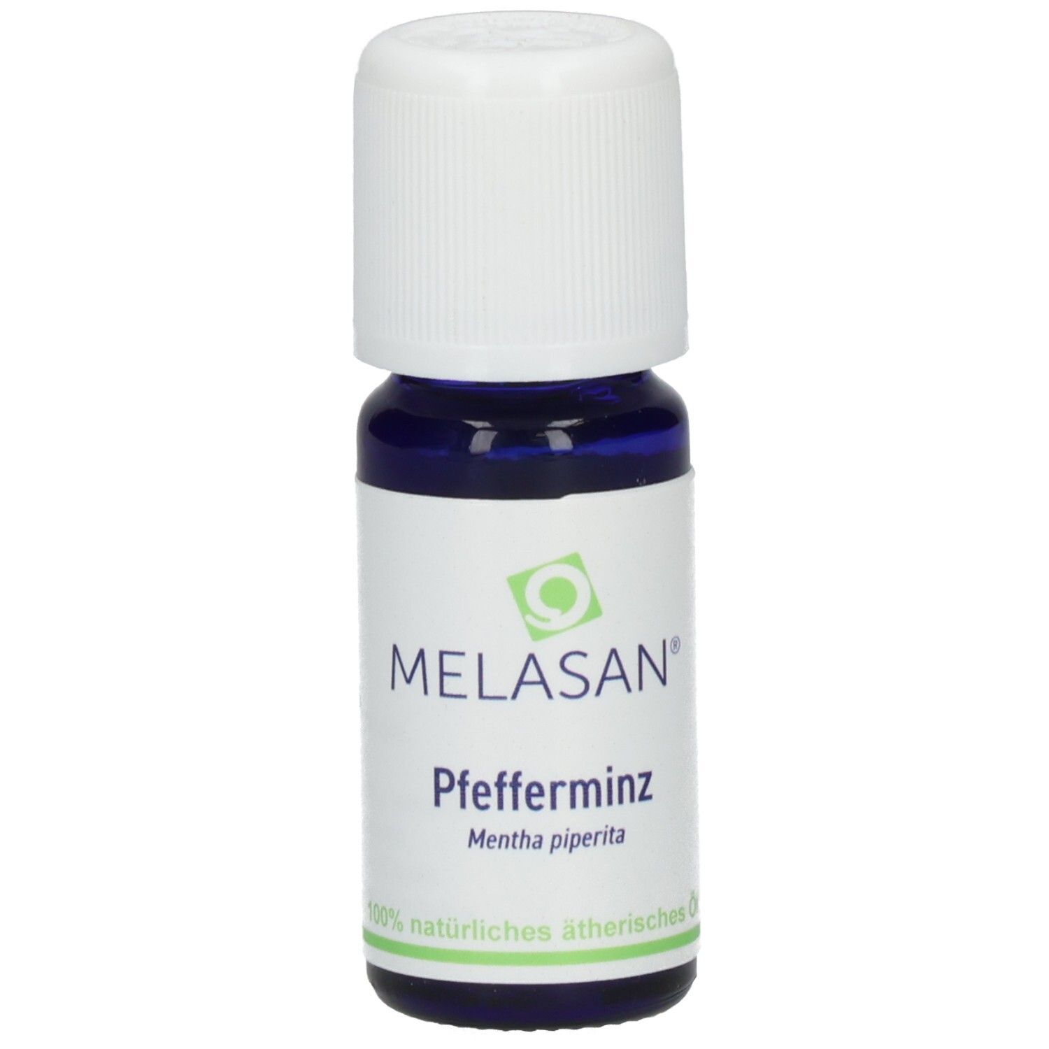 Blaues Glasfläschchen mit weißem Deckel. Aufschrift: MELASAN, Pfefferminz, Mentha piperita. 100% natürliches ätherisches Öl.