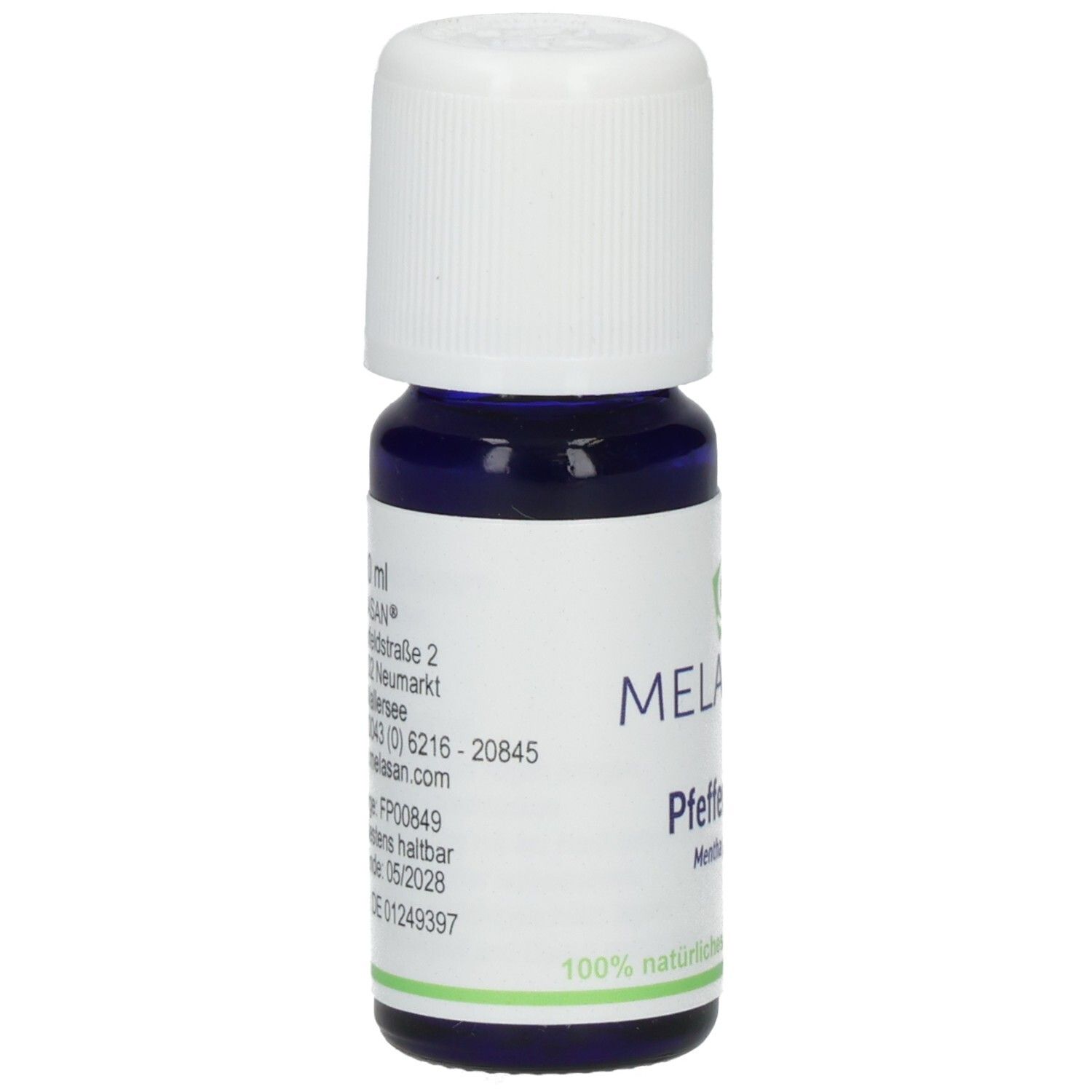 Blaues Glasfläschchen mit weißem Deckel. Aufschrift: MELASAN, Pfefferminz, Mentha piperita. Etikett mit Informationen.