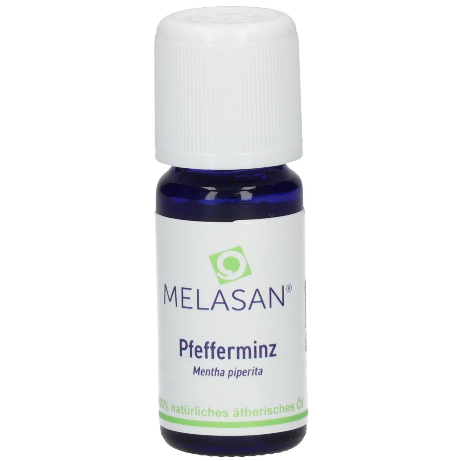 Blaues Glasfläschchen mit weißem Deckel. Aufschrift: MELASAN, Pfefferminz, Mentha piperita. 100% natürliches ätherisches Öl.