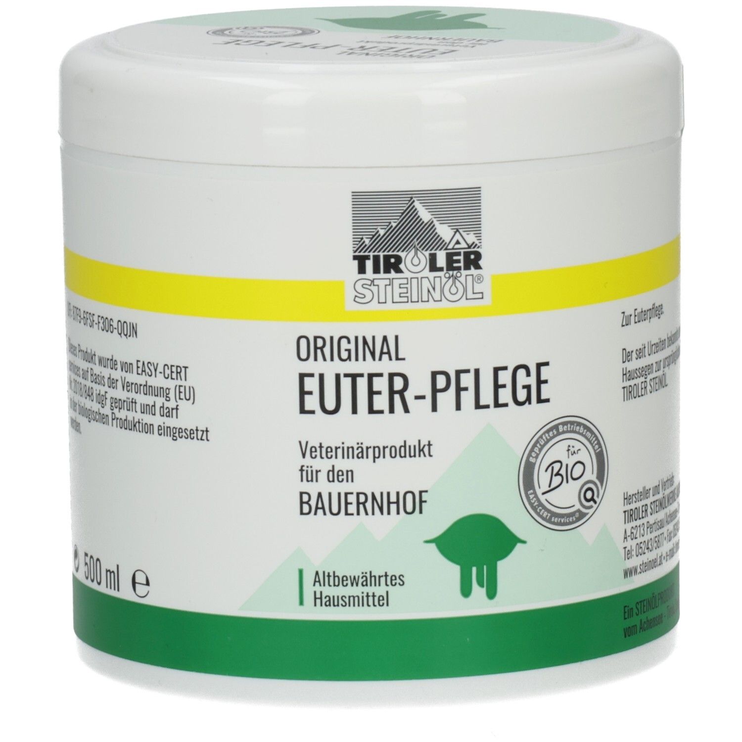 Weißer Behälter mit grünem Deckel und grünem Band. Aufschrift: TIROLER STEINOEL, ORIGINAL EUTER-PFLEGE, Veterinärprodukt. Bio-Siegel.