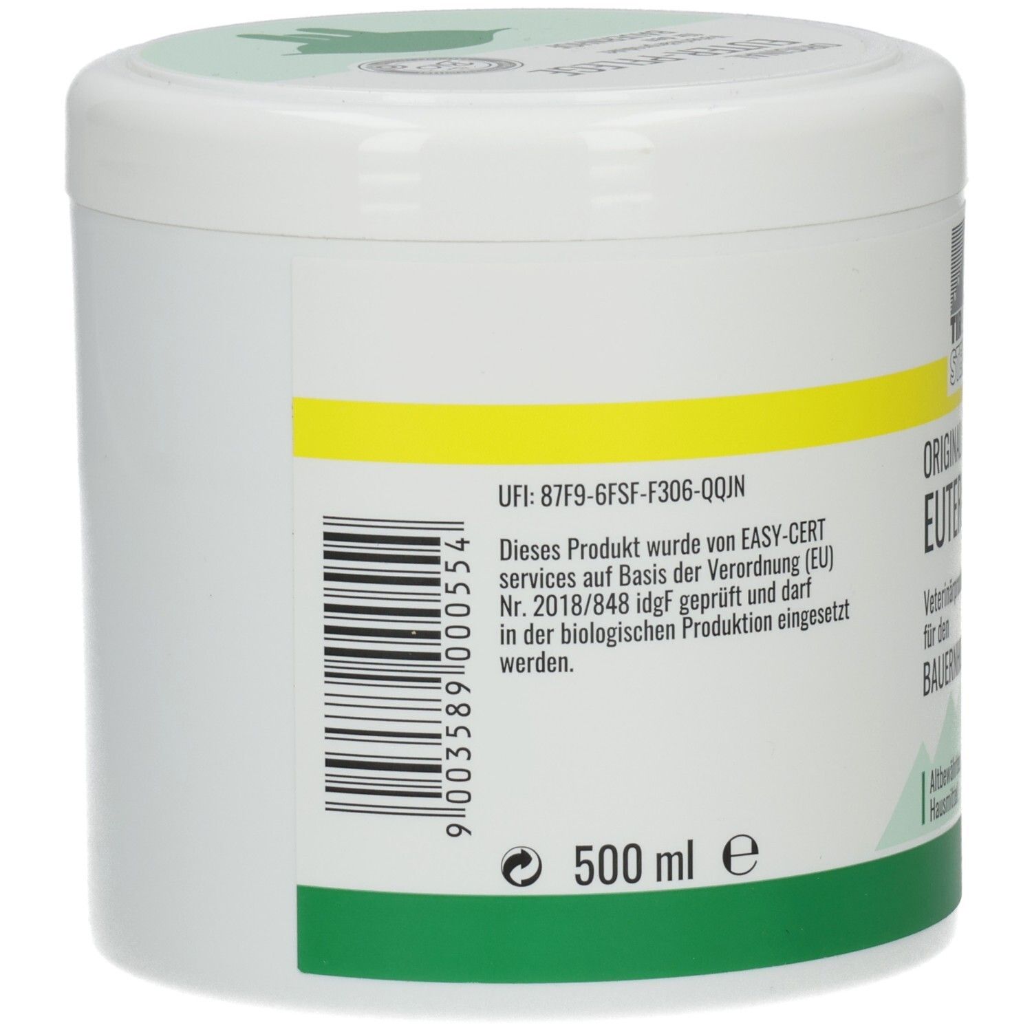 Weißer Behälter mit Barcode und Text. Aufschrift: 500 ml. Gelbes Band mit Text. Grünes Band unten.