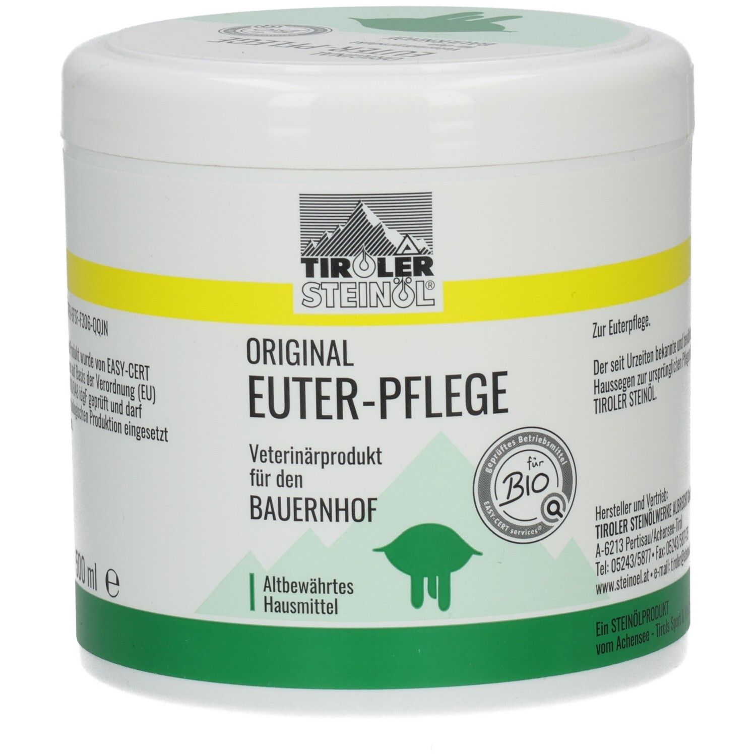 Weißer Behälter mit grünem Deckel und gelbem Band. Aufschrift: TIROLER STEINOEL, ORIGINAL EUTER-PFLEGE, Veterinärprodukt. Bio-Siegel.