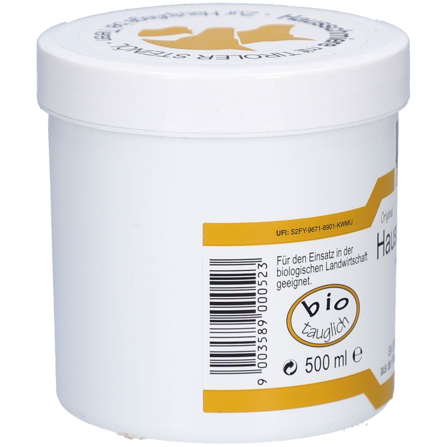 Weißer Tiegel mit gelben Akzenten und Barcode. Aufschrift: bio-tauglich. 500 ml.