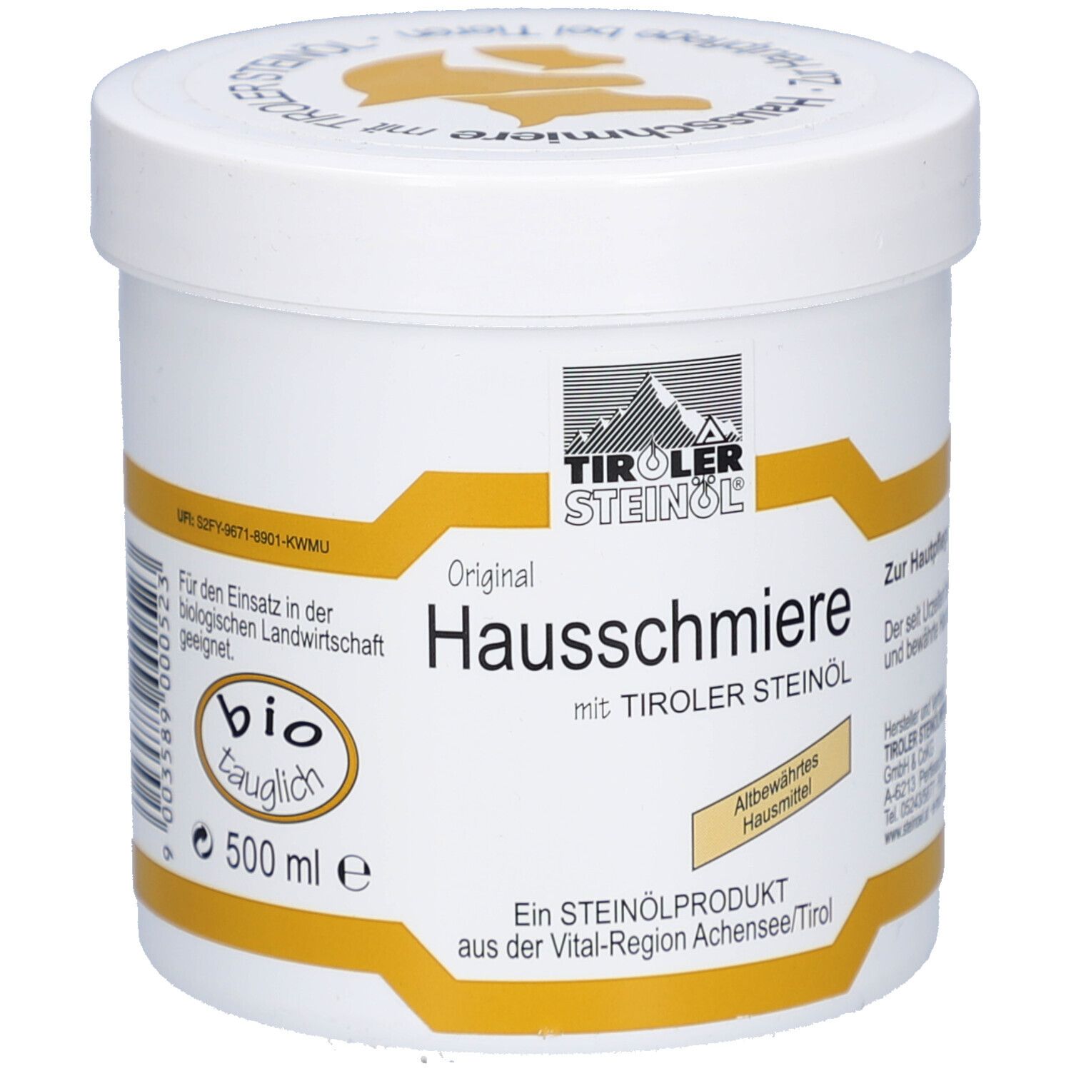 Weißer Tiegel mit gelben Akzenten. Aufschrift: TIROLER STEINÖL, Hausschmiere, bio-tauglich. 500 ml.
