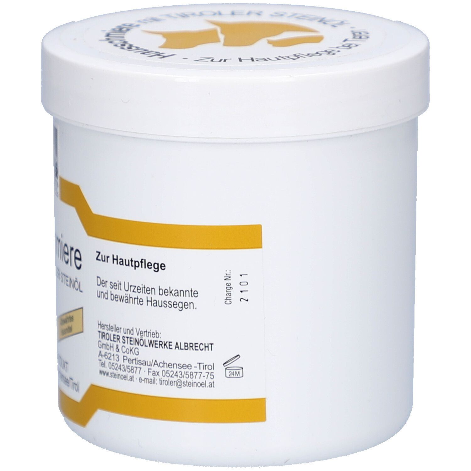 Weißer Tiegel mit gelben Akzenten. Aufschrift: Zur Hautpflege. Herstellerinformationen.