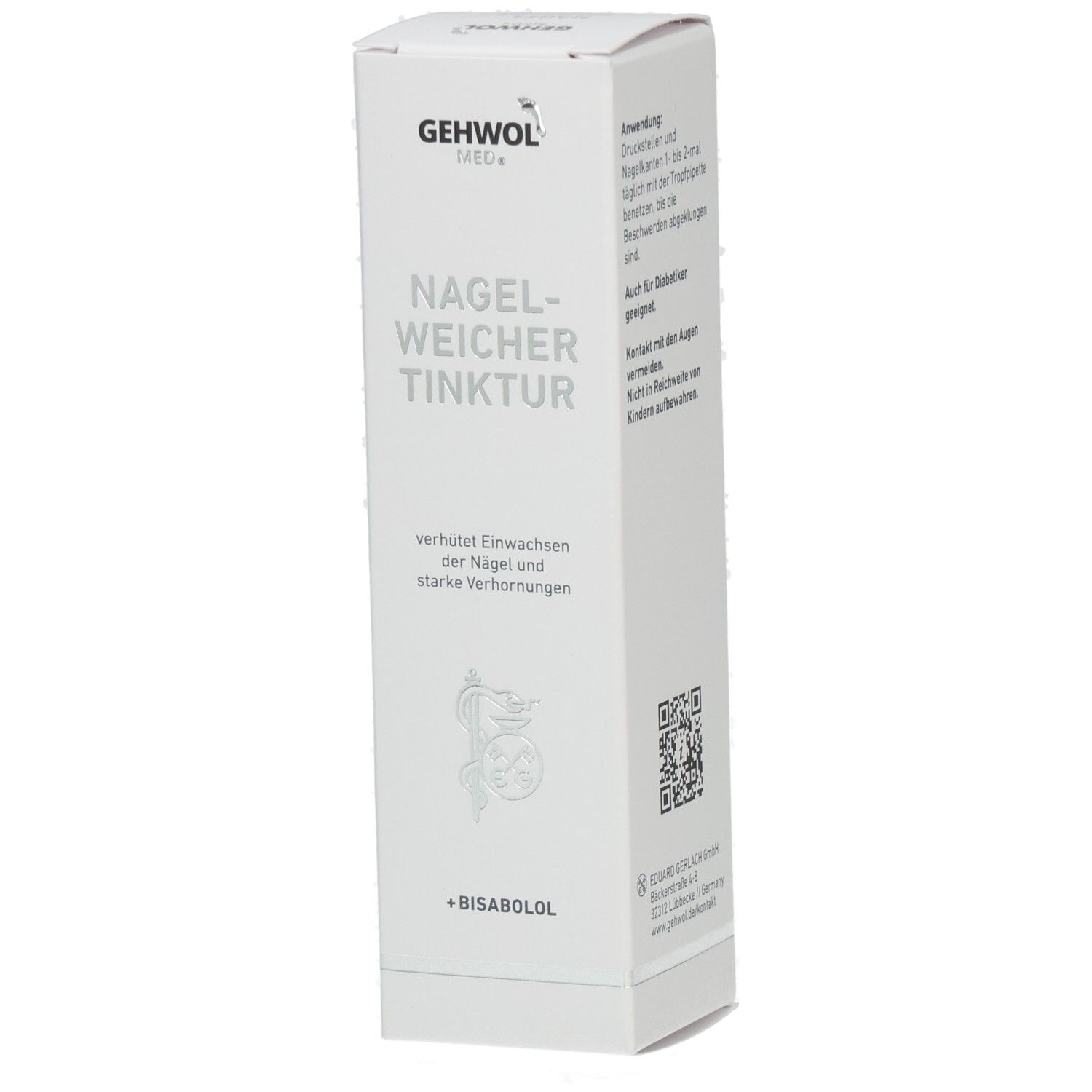 Weiße Produktverpackung mit GEHWOL med. Nagelweicher-Logo. Text: Verhindert Einwachsen der Nägel und starke Verhornungen.