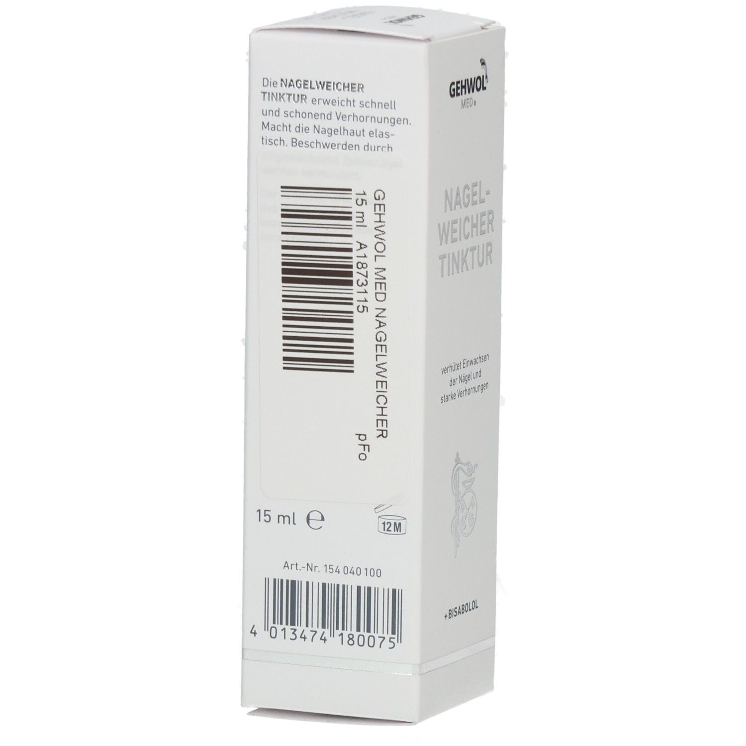 Produktverpackung mit GEHWOL med. Nagelweicher. Text: Anwendung: Druckstellen und Nagelkannten 1 bis 2 mal täglich betupfen.