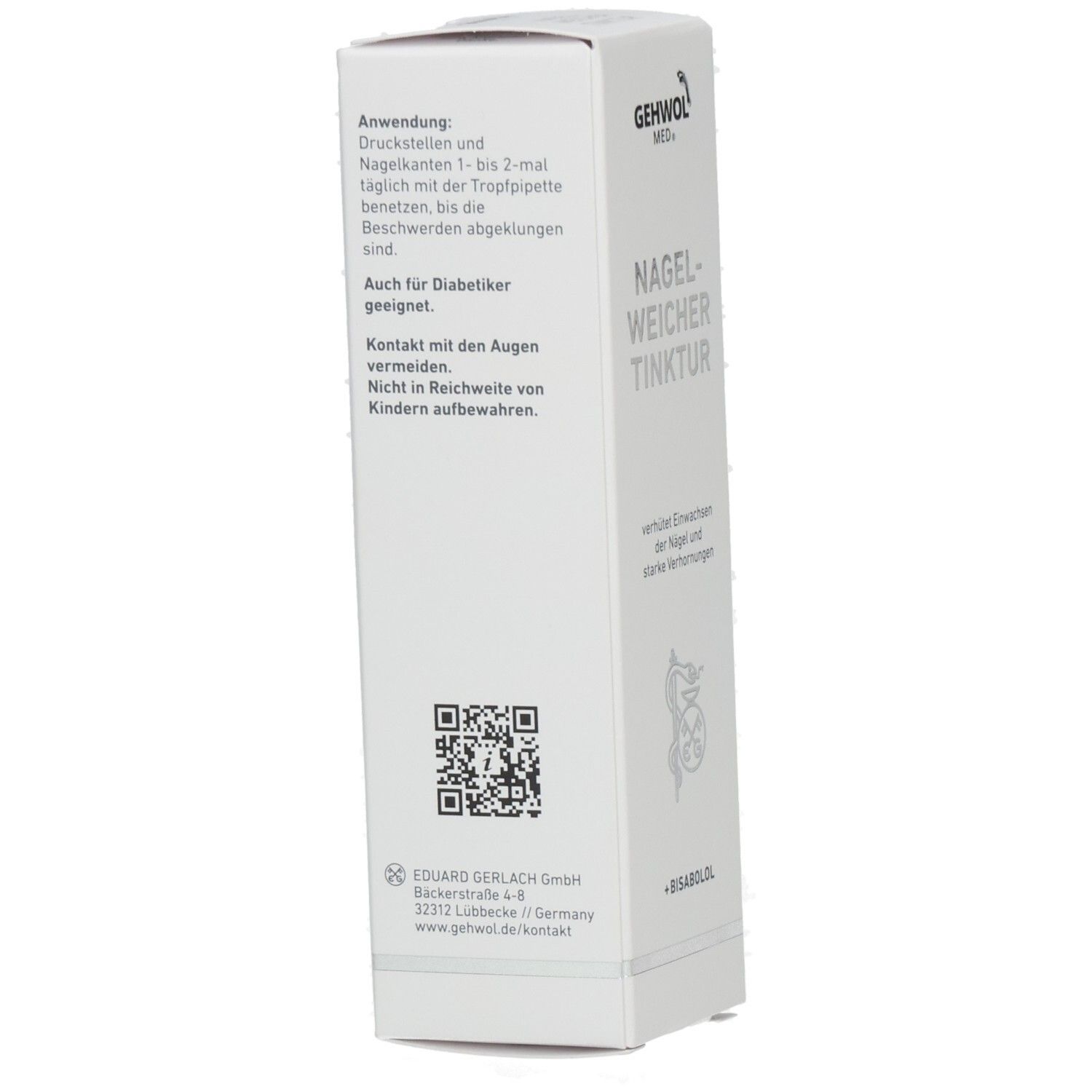 Produktverpackung mit GEHWOL med. Nagelweicher. Text: Erweicht schnell und schonend. Beschwerden durch eingewachsene Zehennägel werden gelindert.
