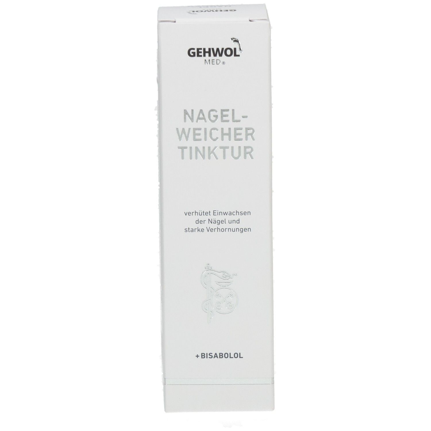 Weiße Produktverpackung mit GEHWOL med. Nagelweicher-Logo. Text: Verhindert Einwachsen der Nägel und starke Verhornungen.