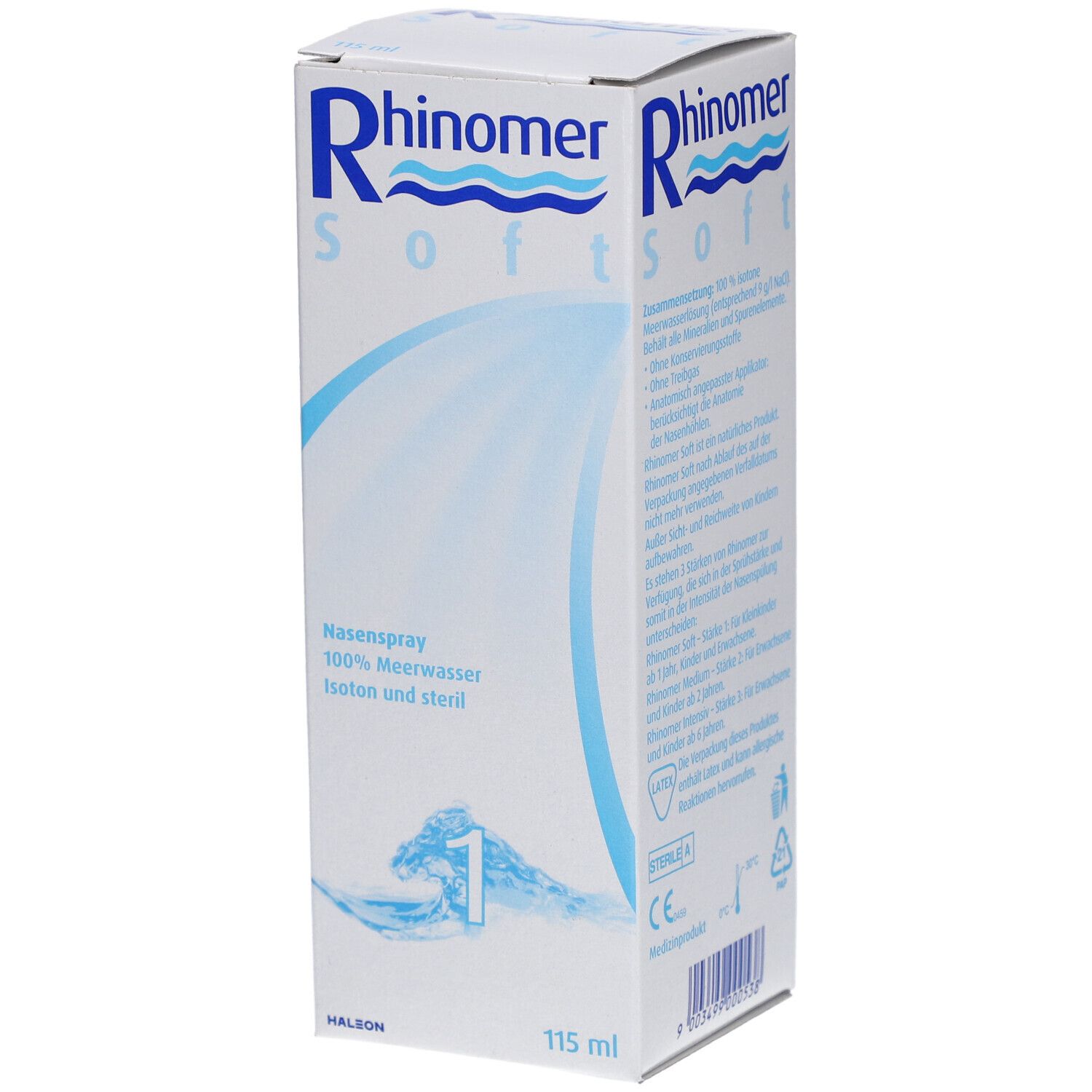 Schachtel mit Rhinomer Soft Nasenspray. Aufschrift: 100% Meerwasser, isoton und steril. Volumen: 115 ml. Marke: Rhinomer.