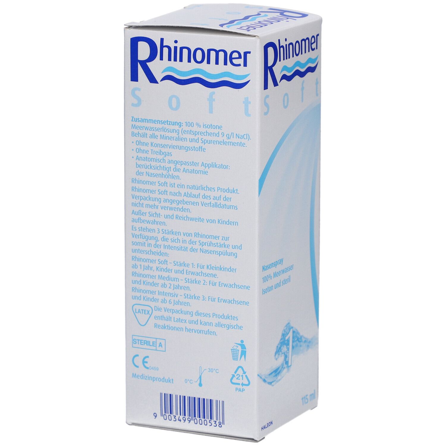 Schachtel Rhinomer Soft Nasenspray. Text: 100% Meerwasser, ohne Konservierungsstoffe. Marke: Rhinomer. Auf der Seite Text über Inhaltsstoffe und Anwendung.