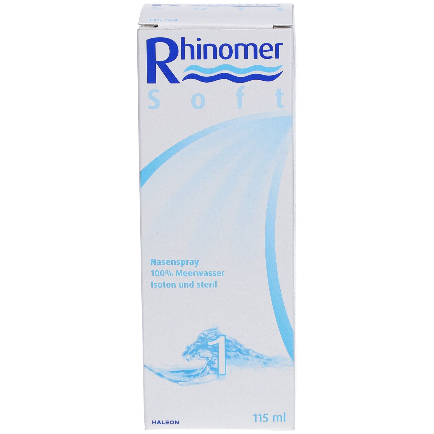 Schachtel Rhinomer Soft Nasenspray. Aufschrift: 100% Meerwasser, isoton und steril. Volumen: 115 ml. Marke: Rhinomer.