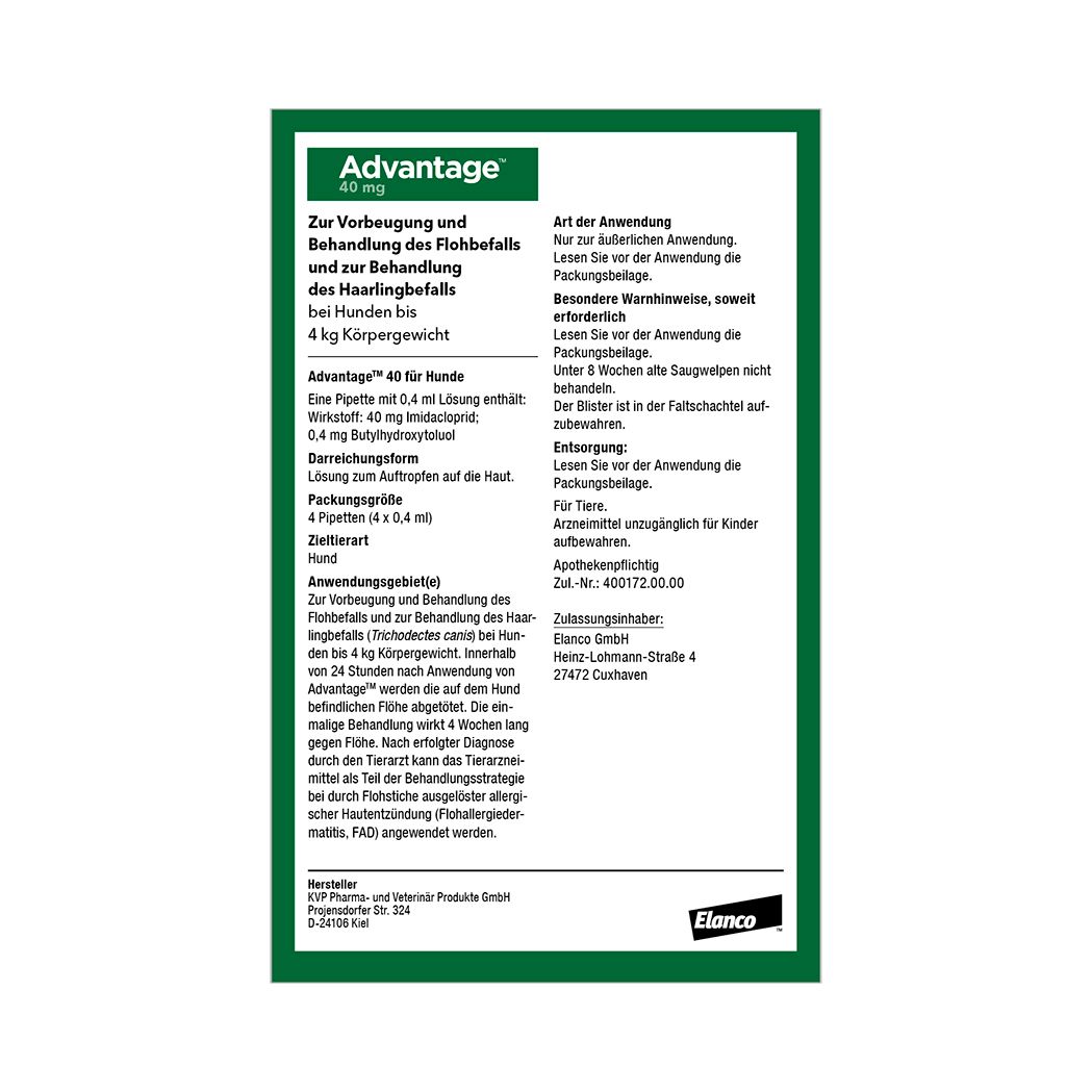advantage® 40 mg bei Hunden bis 4 kg Körpergewicht