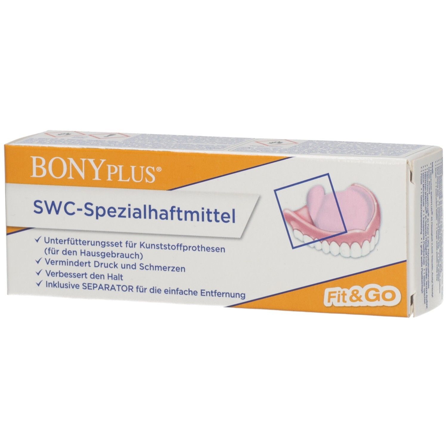 BONYPLUS SWC-Spezialhaftmittel-Verpackung. Enthält Unterfütterungsset für Kunststoffprothesen. Mit Fit&Go-Logo und Abbildung einer Prothese.