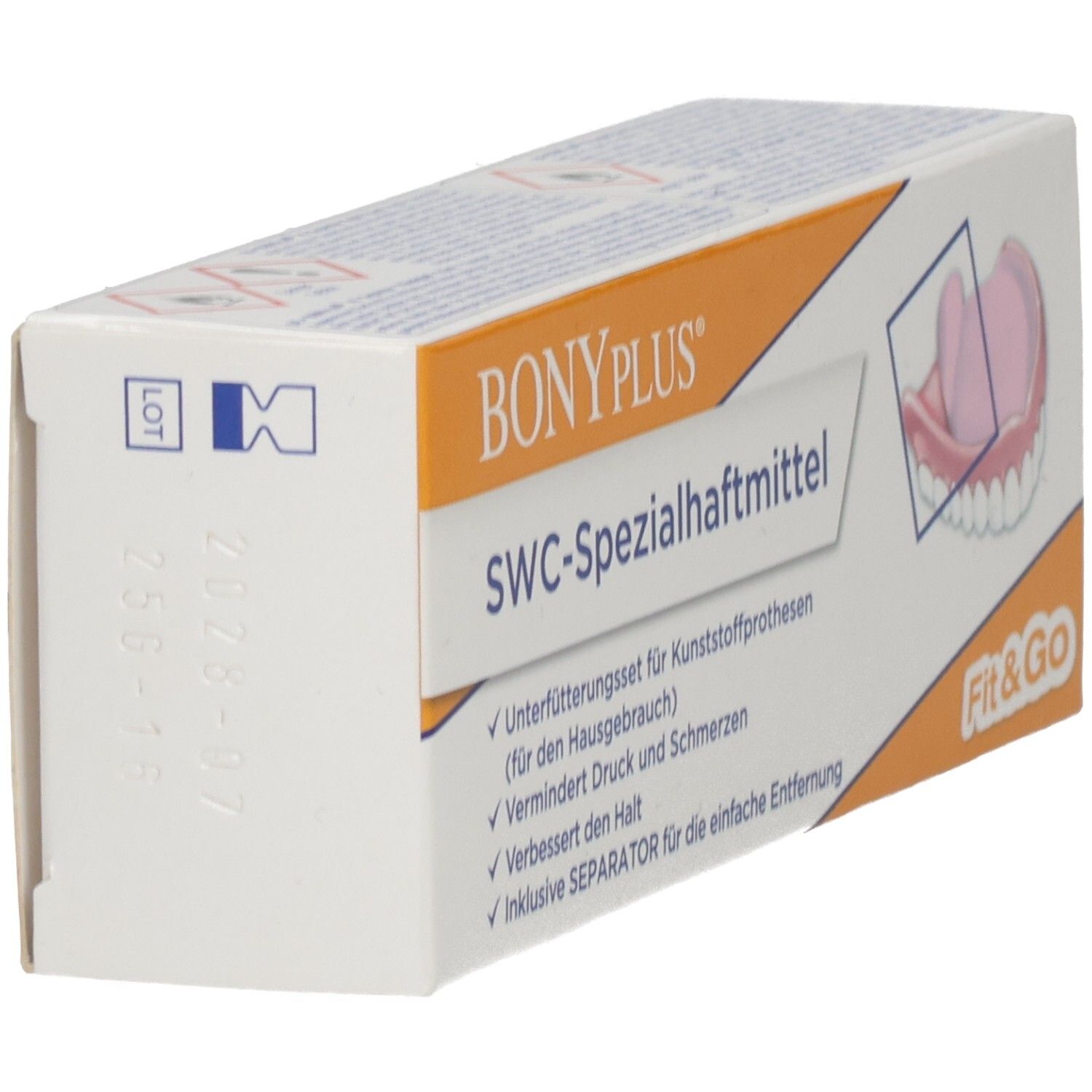 BONYPLUS SWC-Spezialhaftmittel-Verpackung, Seitenansicht. Enthält Text und ein Logo. Mit Lot-Nummer und Abbildung einer Prothese.
