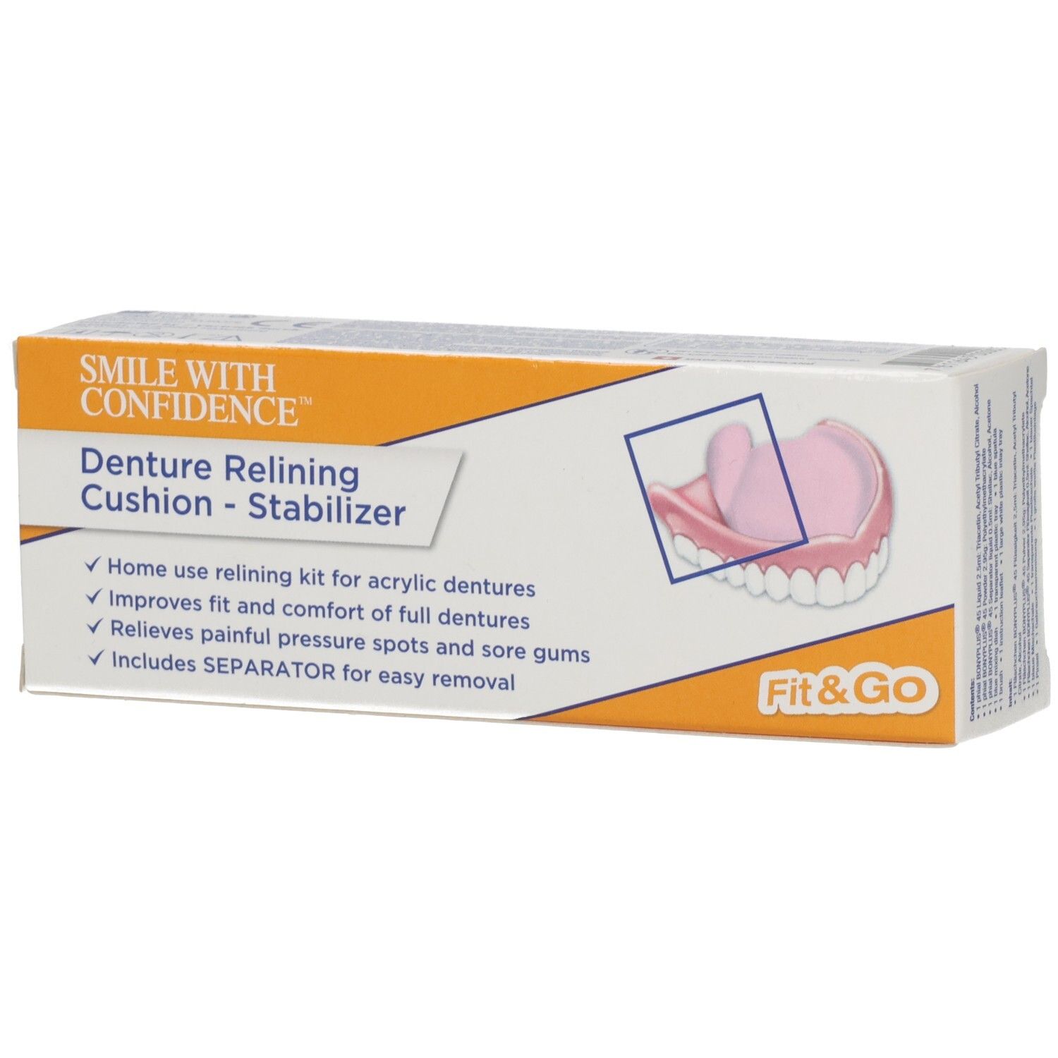 Verpackung mit der Aufschrift "SMILE WITH CONFIDENCE". Enthält ein Denture Relining Cushion - Stabilizer Kit. Mit Fit&Go-Logo und Prothesen-Illustration.